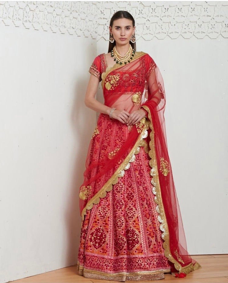 Raw silk & velvet zardozi embroidered lehenga set