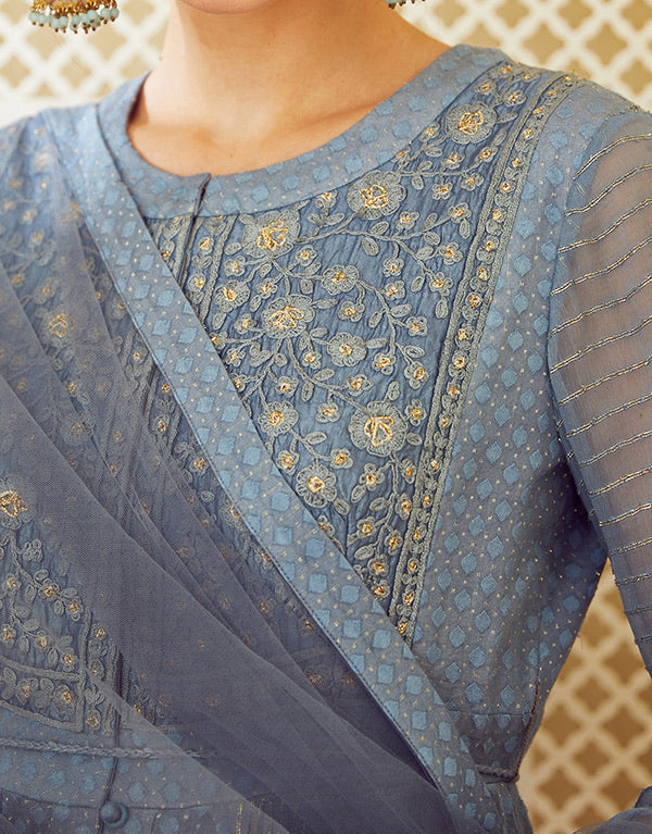 Blue Grey Anarkali Set