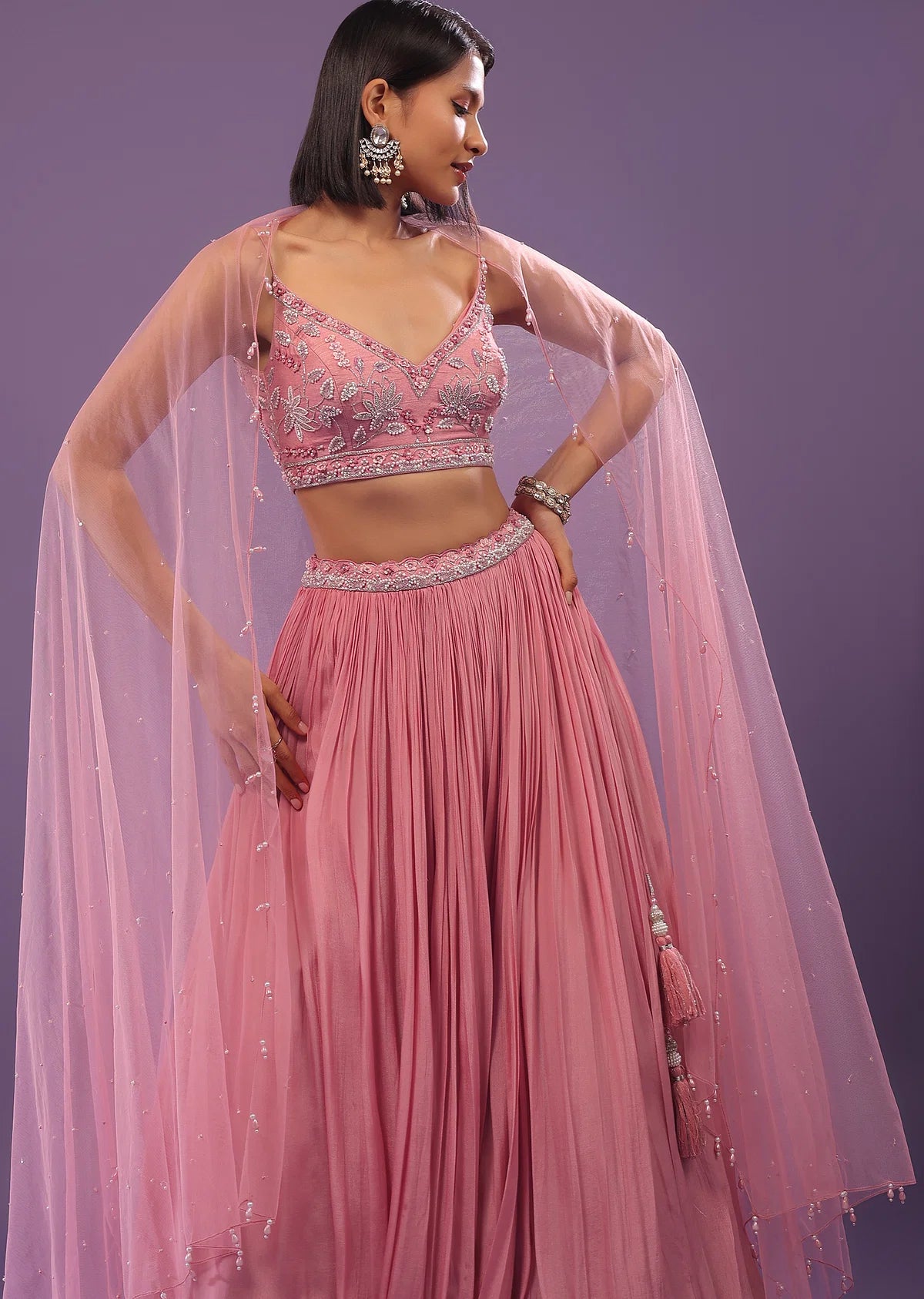 Petal Pink Embroidered Bridesmaid Lehenga Set In Crepe