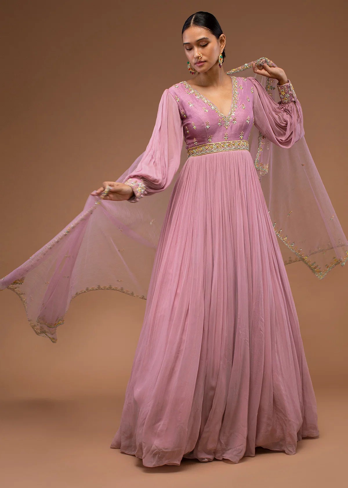 Lilas Pink Floor-Length Suit In Balloon Sleeves