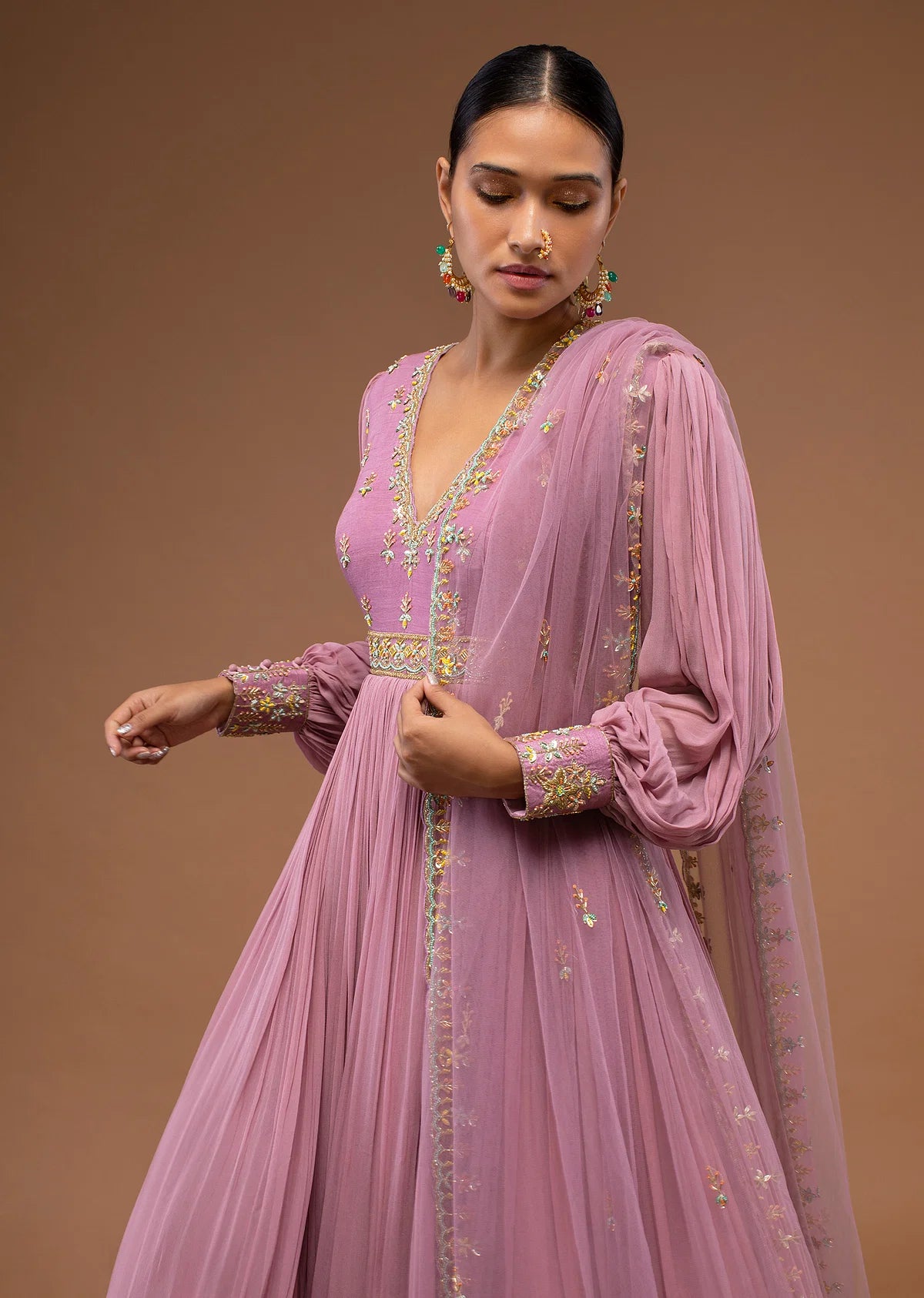 Lilas Pink Floor-Length Suit In Balloon Sleeves