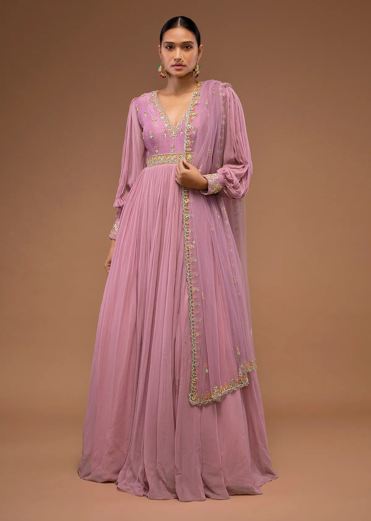 Lilas Pink Floor-Length Suit In Balloon Sleeves