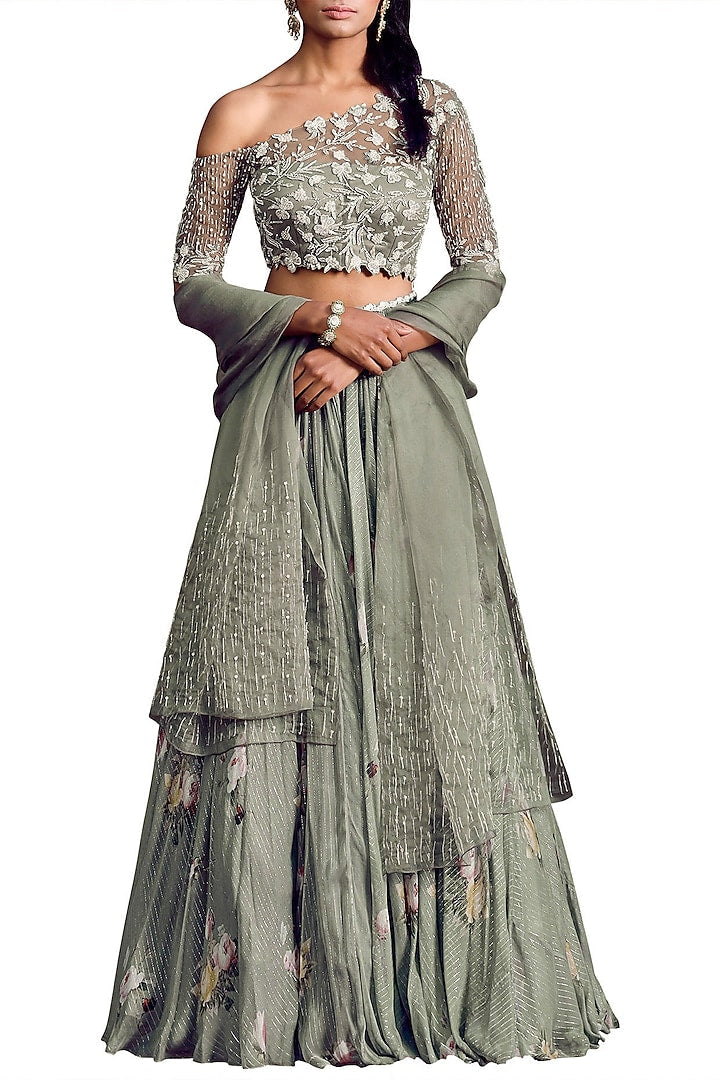 Olive One-Off Shoulder Heavy Embelished Blouse Lehenga Set