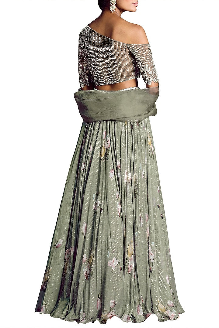 Olive One-Off Shoulder Heavy Embelished Blouse Lehenga Set