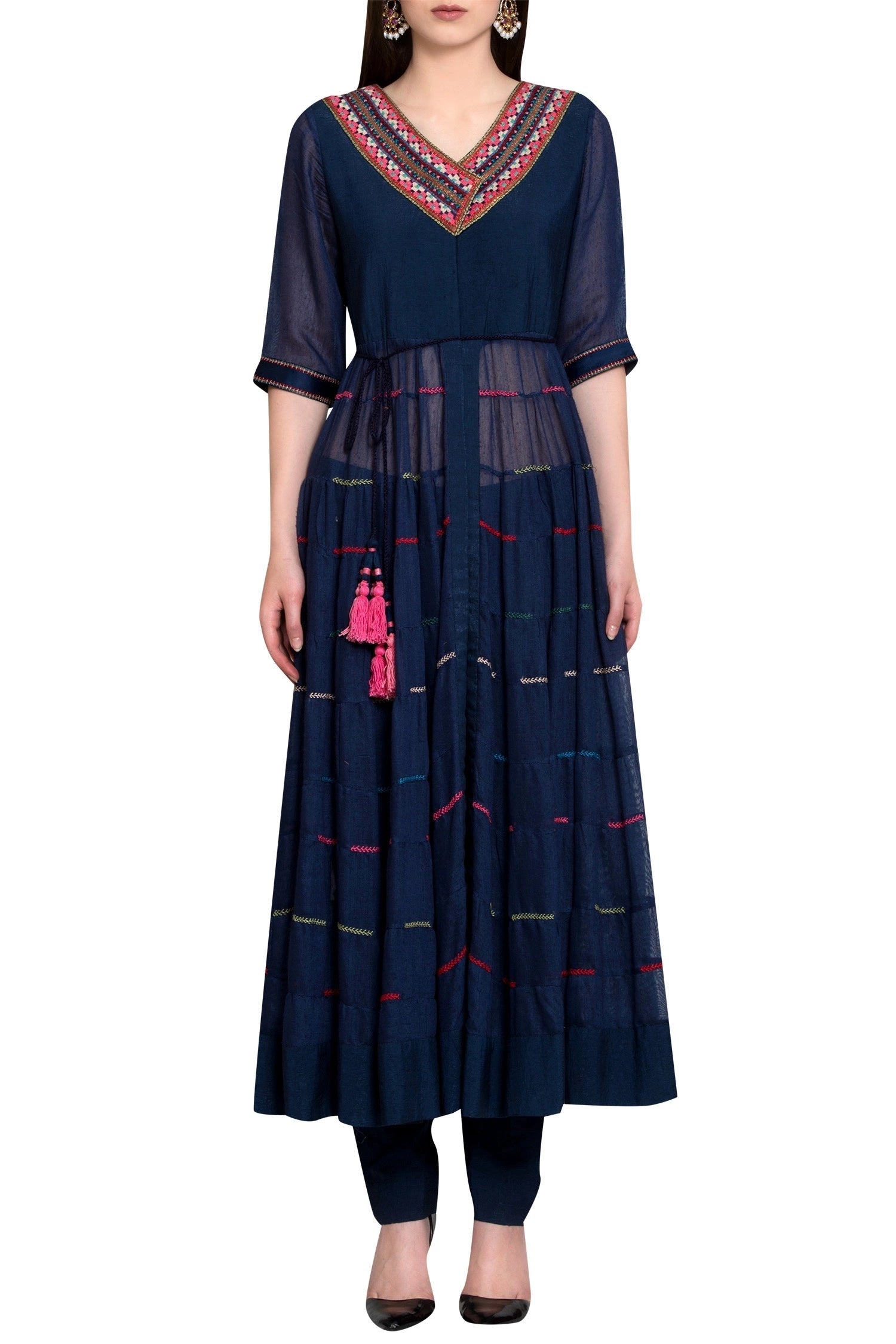Navy blue georgette and viscose cotton thread work kurta with churidar