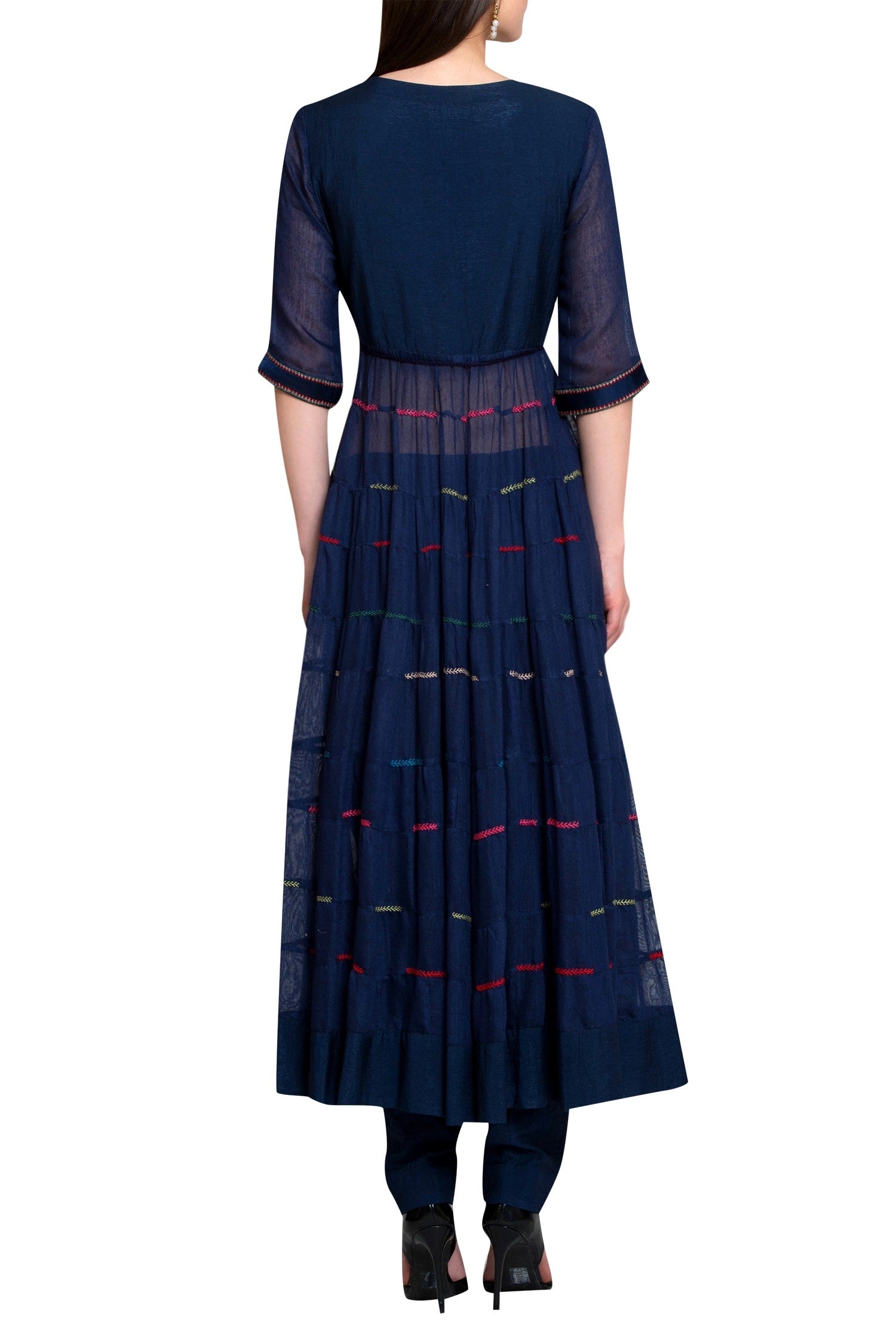 Navy blue georgette and viscose cotton thread work kurta with churidar