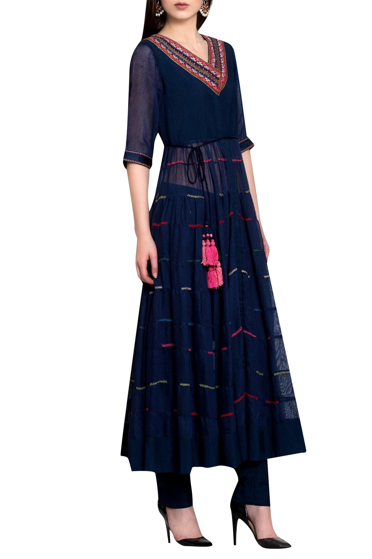 Navy blue georgette and viscose cotton thread work kurta with churidar
