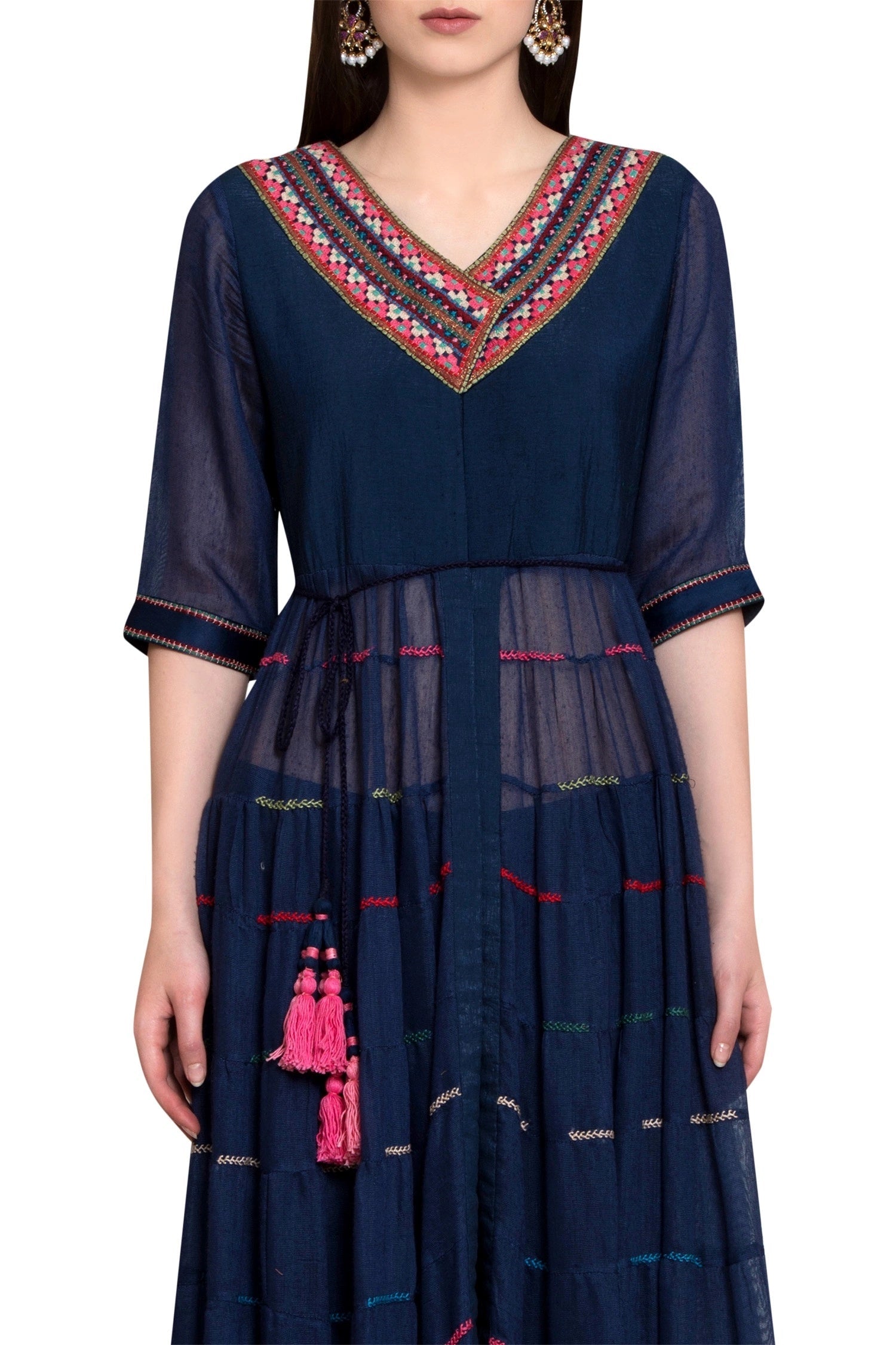 Navy blue georgette and viscose cotton thread work kurta with churidar