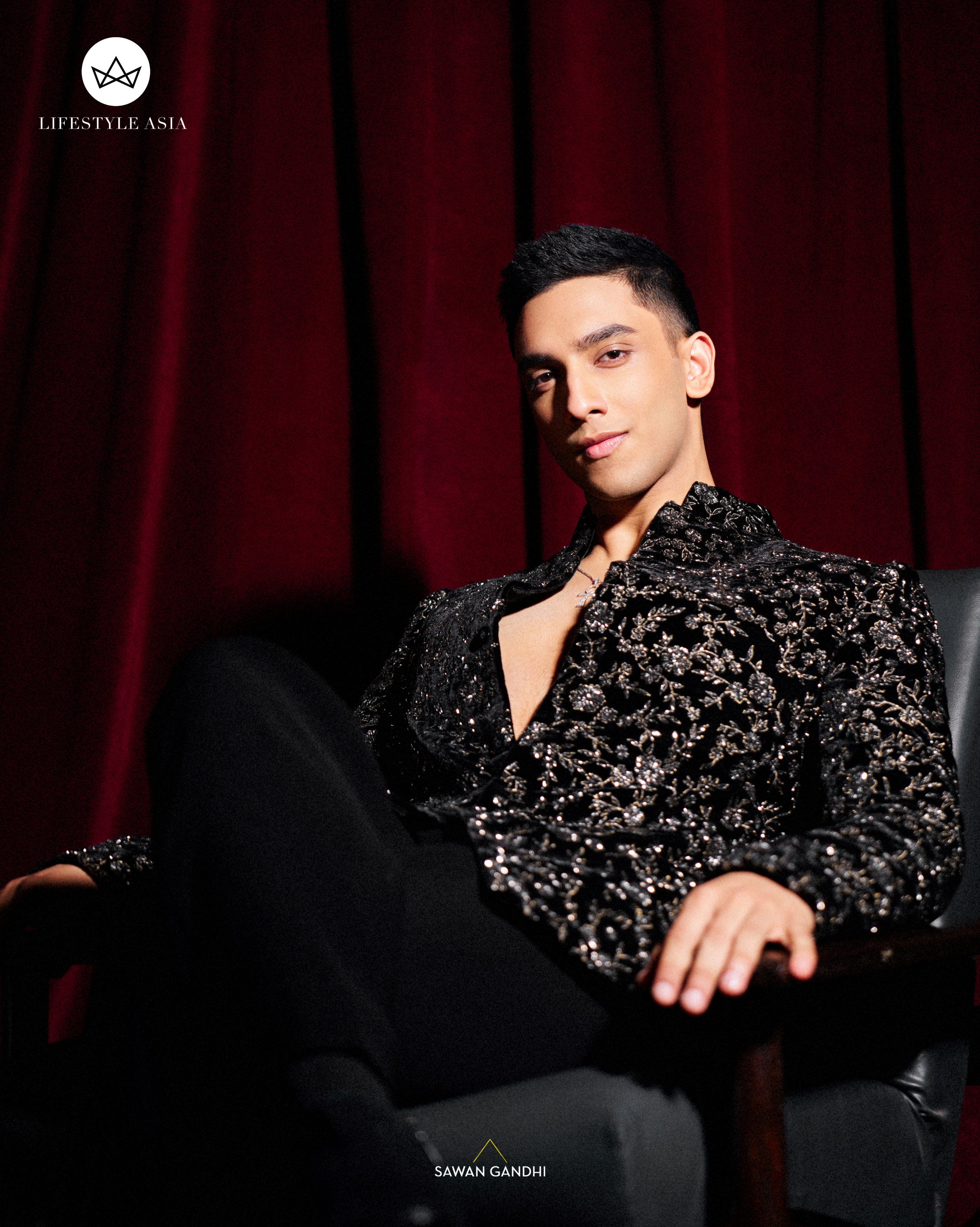 Vedang Raina in Black velvet gunmetal embroidered bandgala