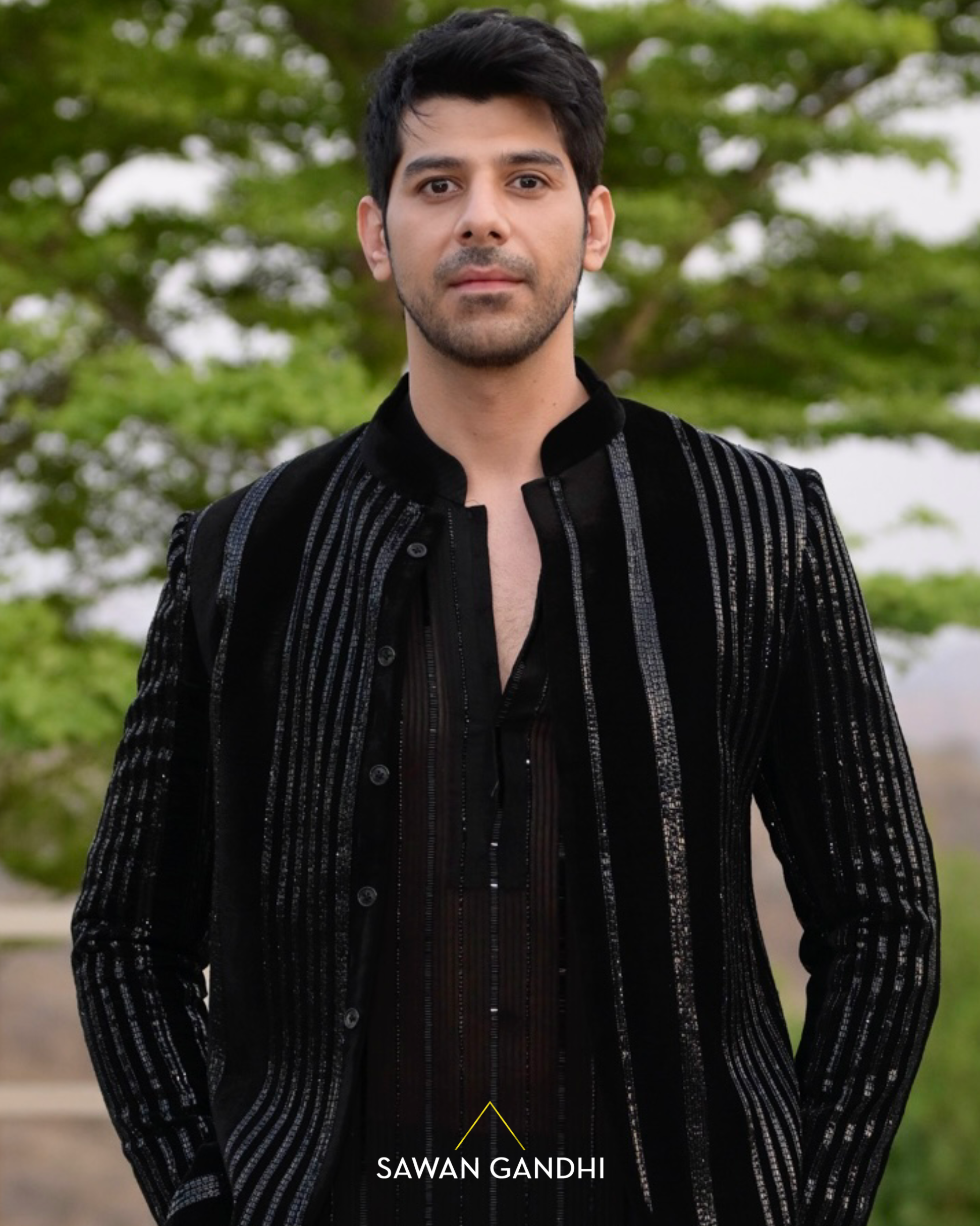 Pavail gulati in Black velvet sequin stripe bandgala