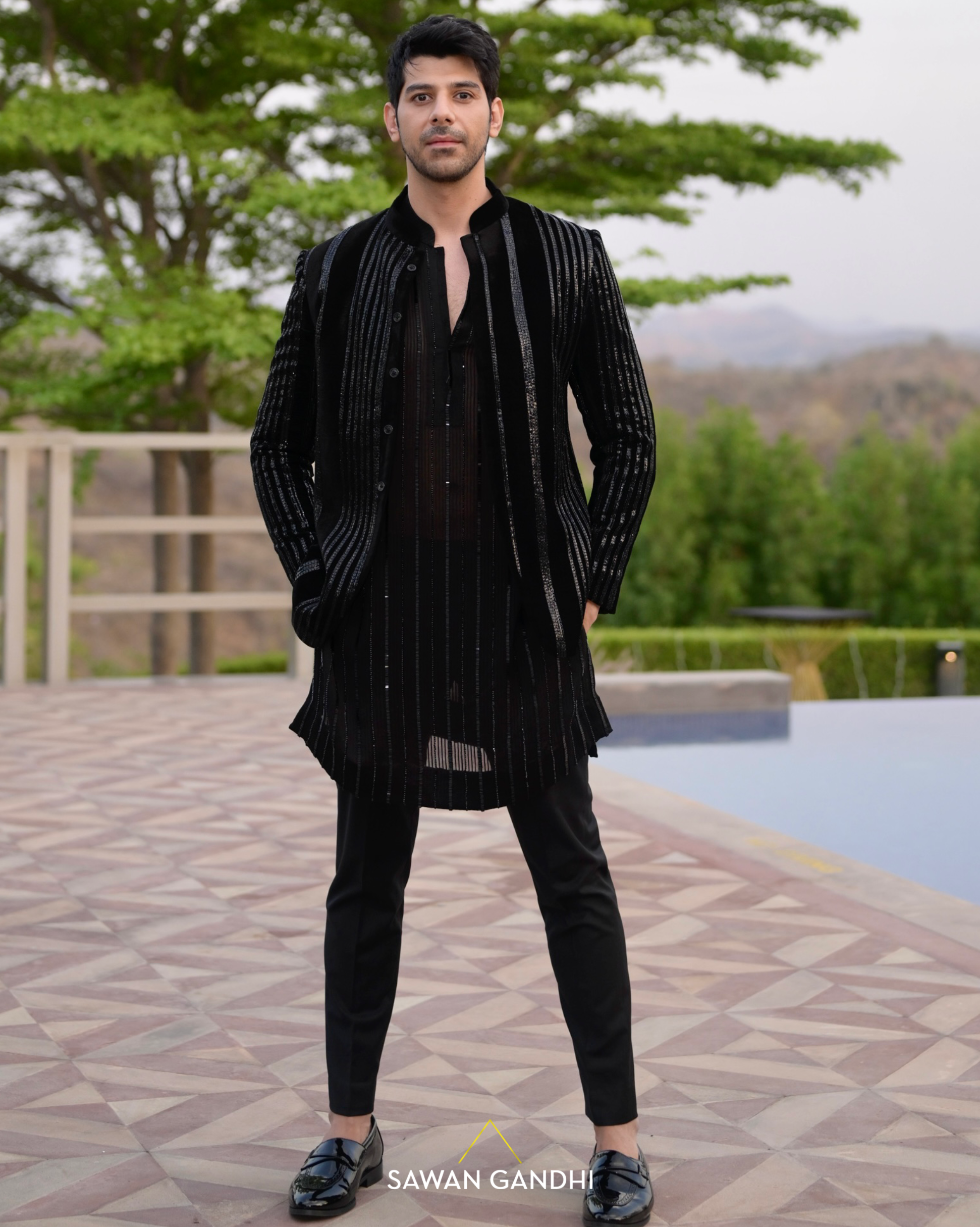 Pavail gulati in Black velvet sequin stripe bandgala