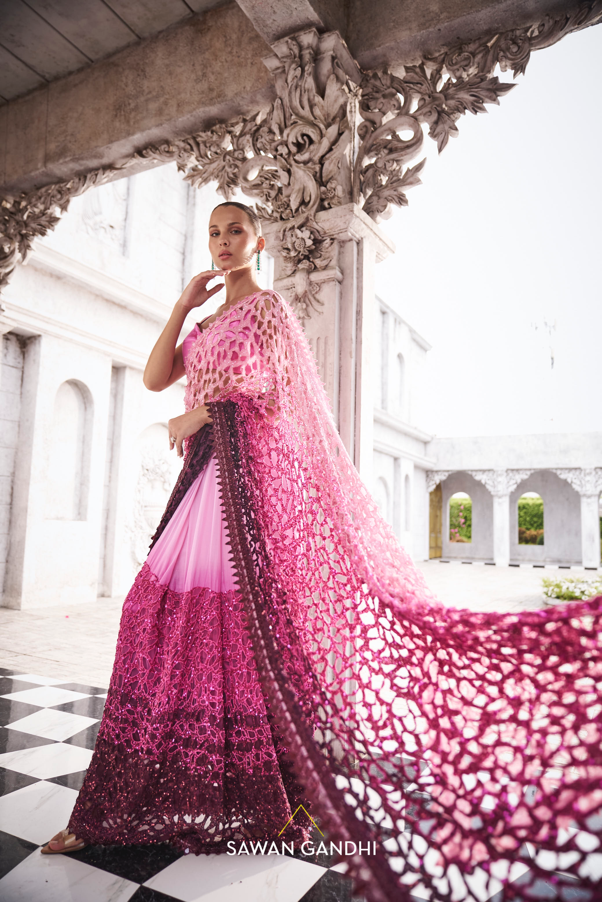Pink to wine ombre saree