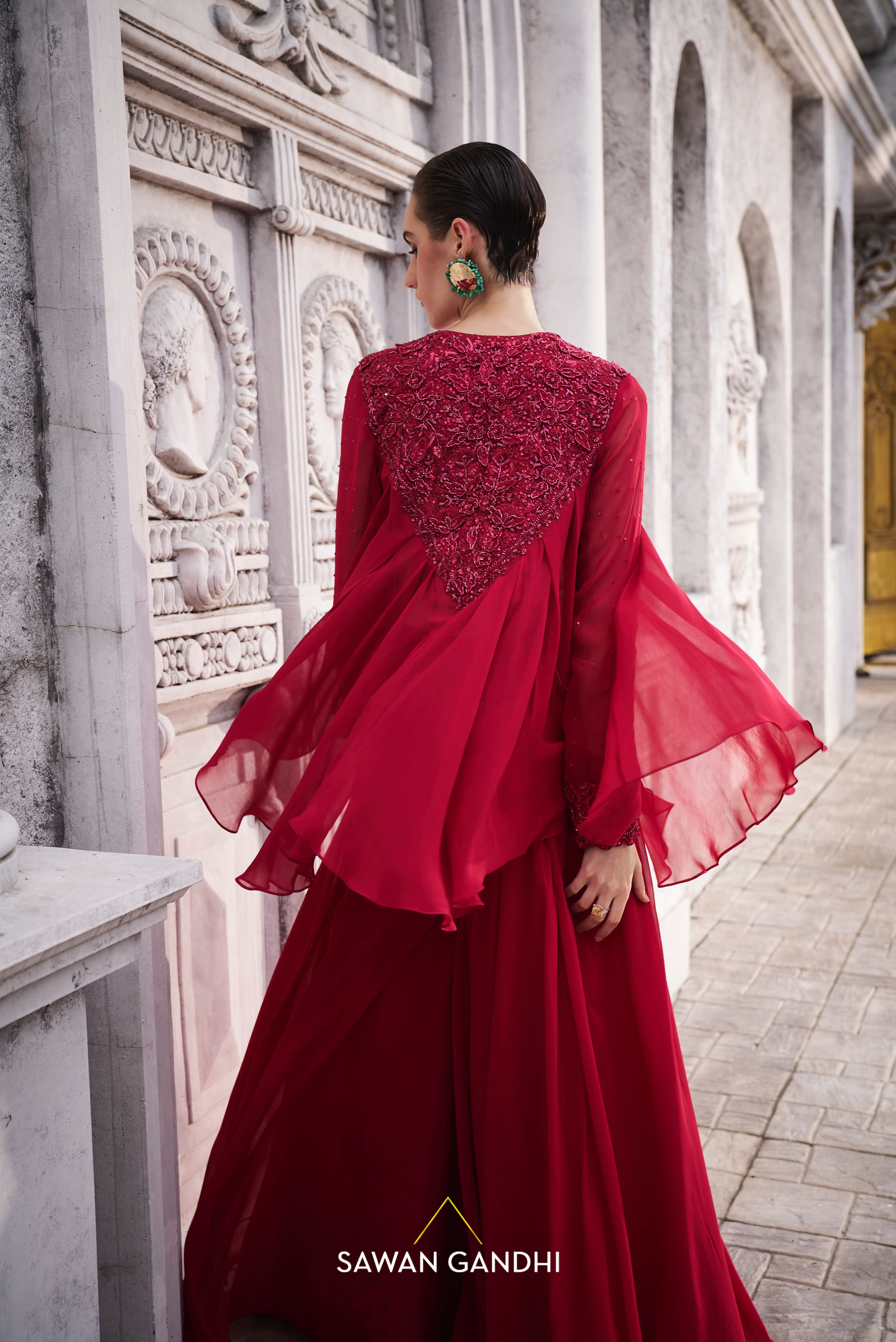 Red applique work co-ordset