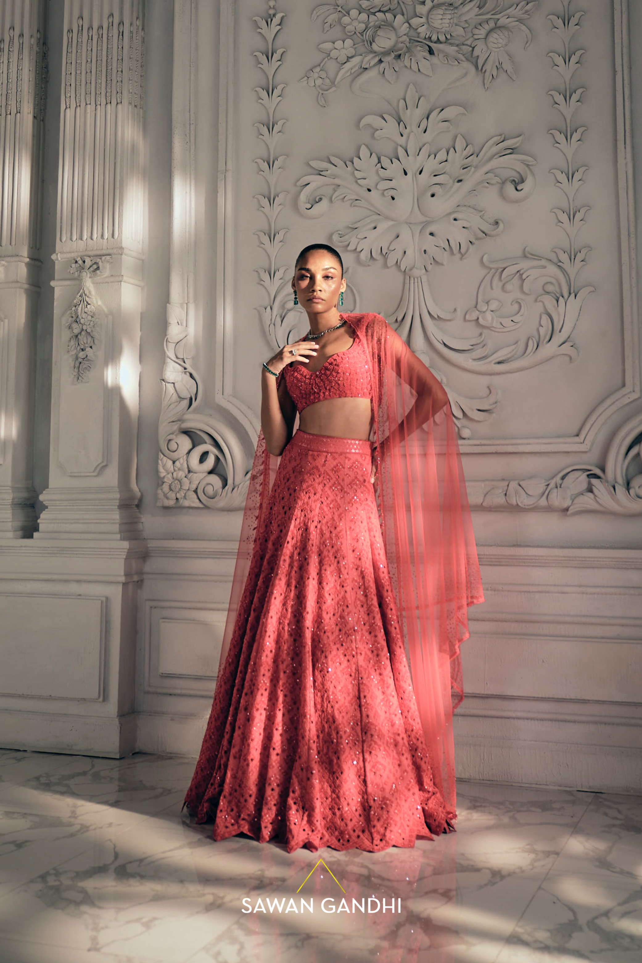 Red orange cutdana lehenga