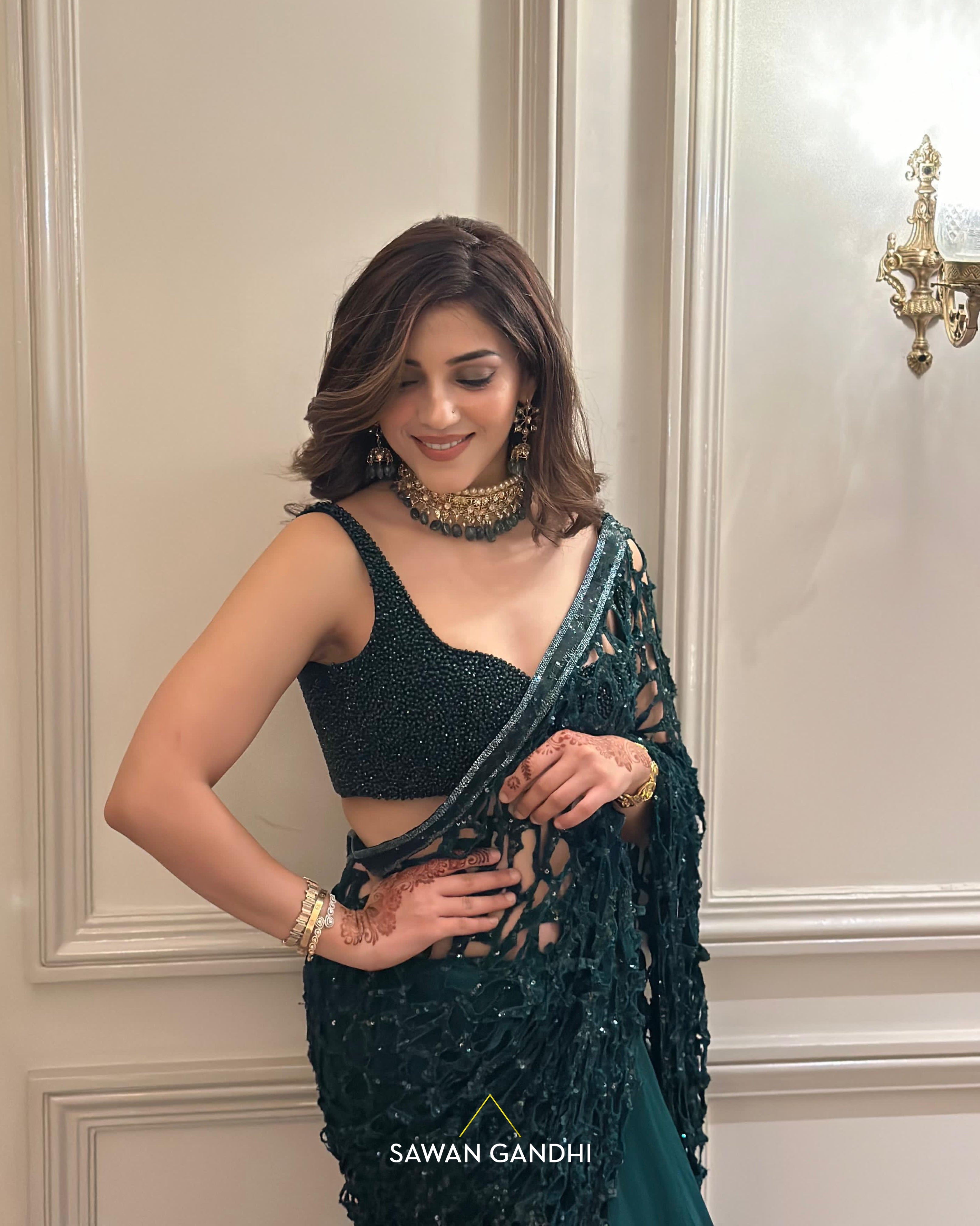 Mehreen Pirzadaa in Green cutwork saree