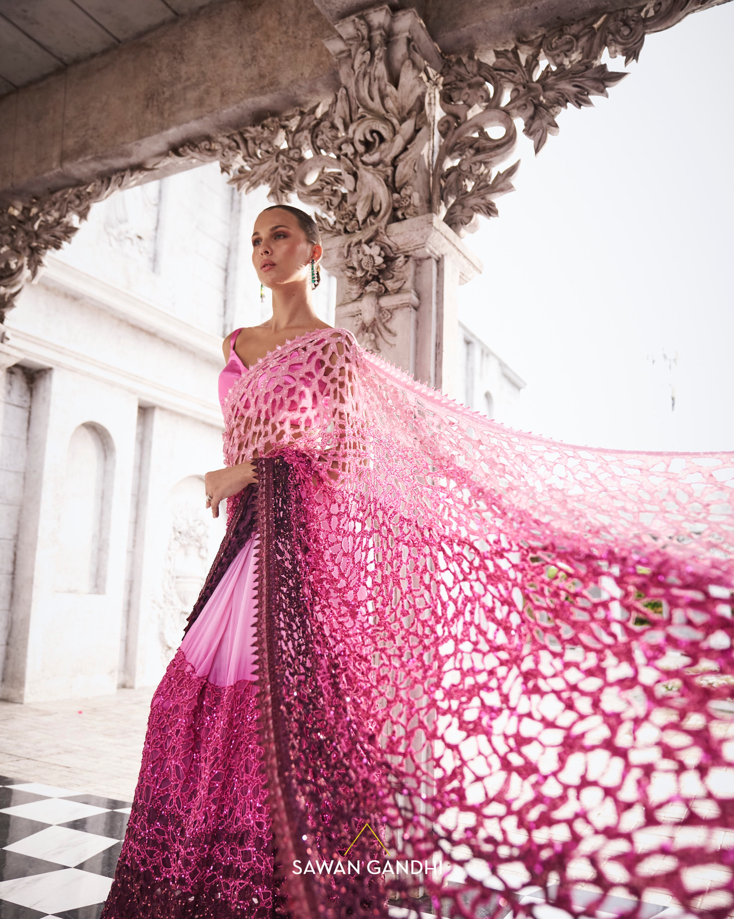 Pink to wine ombre saree