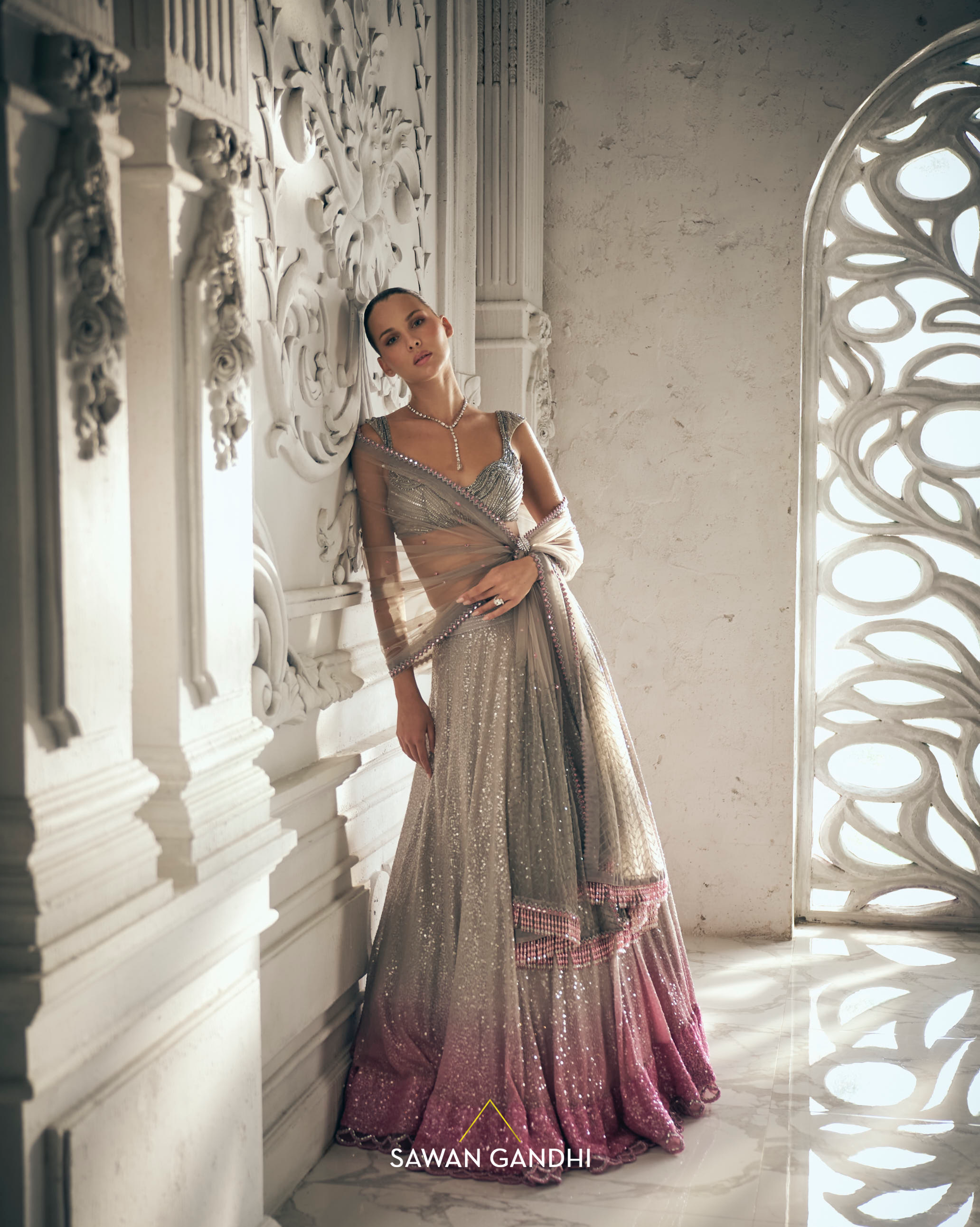 Grey to pink ombre sequins lehenga