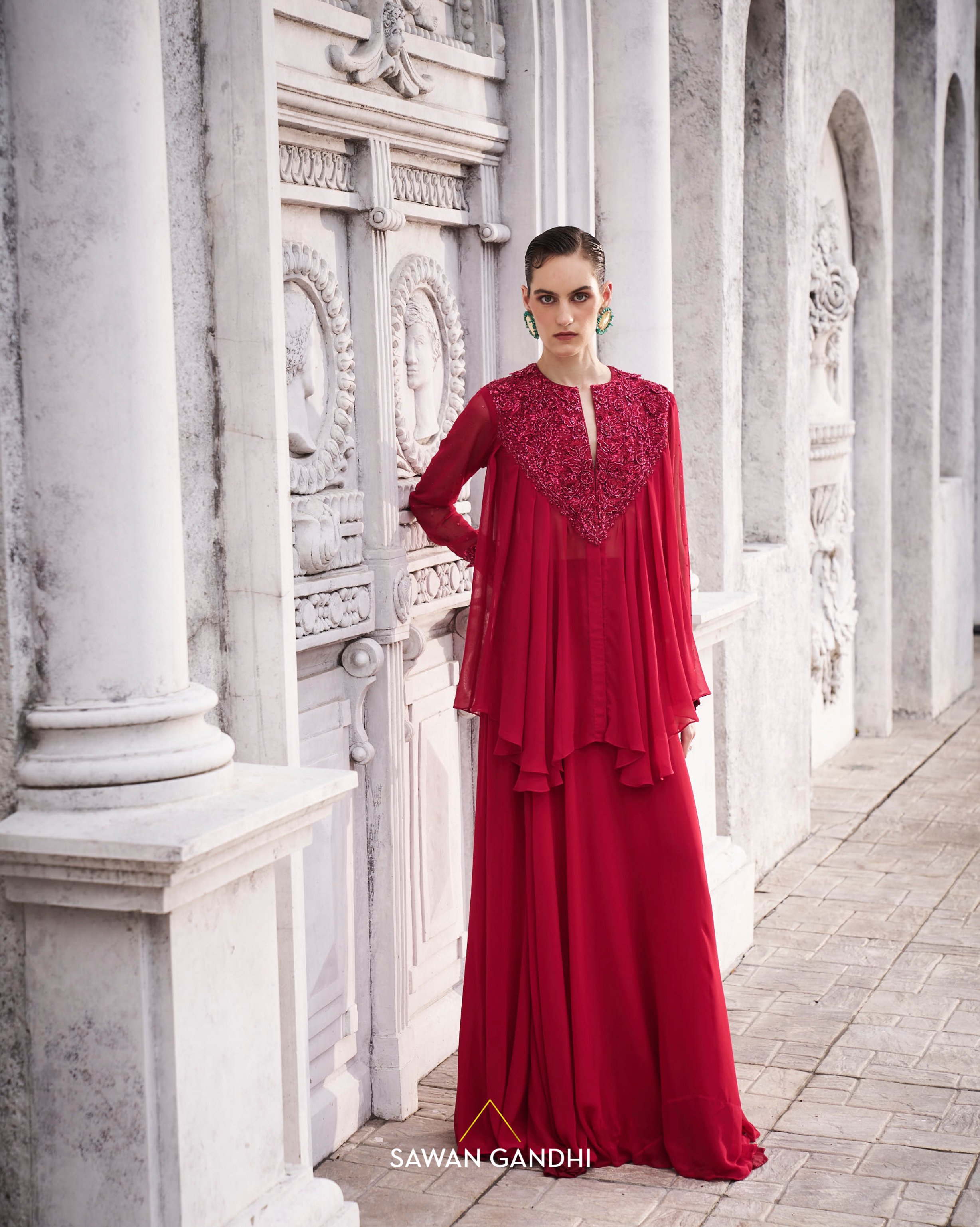 Red applique work co-ordset