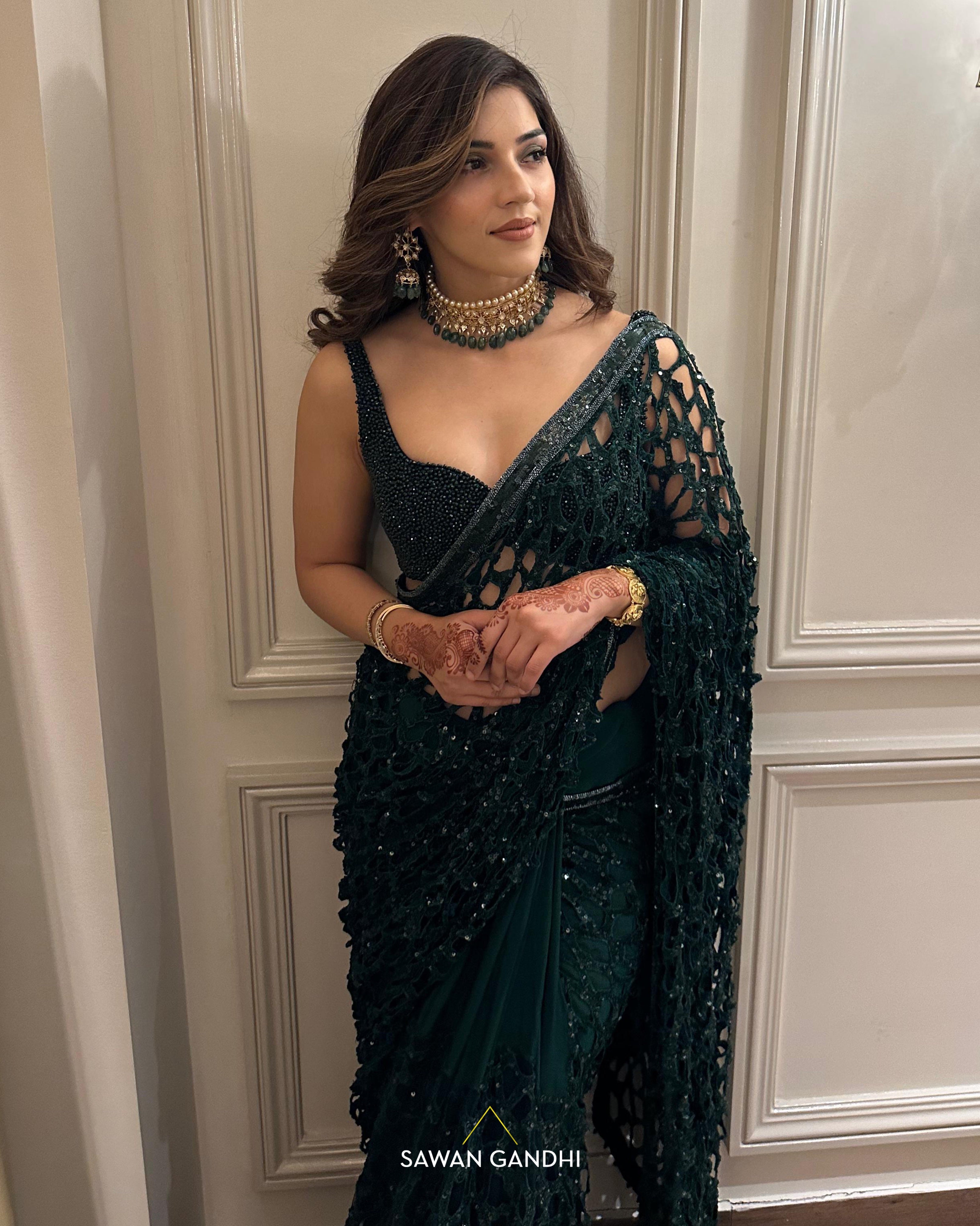 Mehreen Pirzadaa in Green cutwork saree