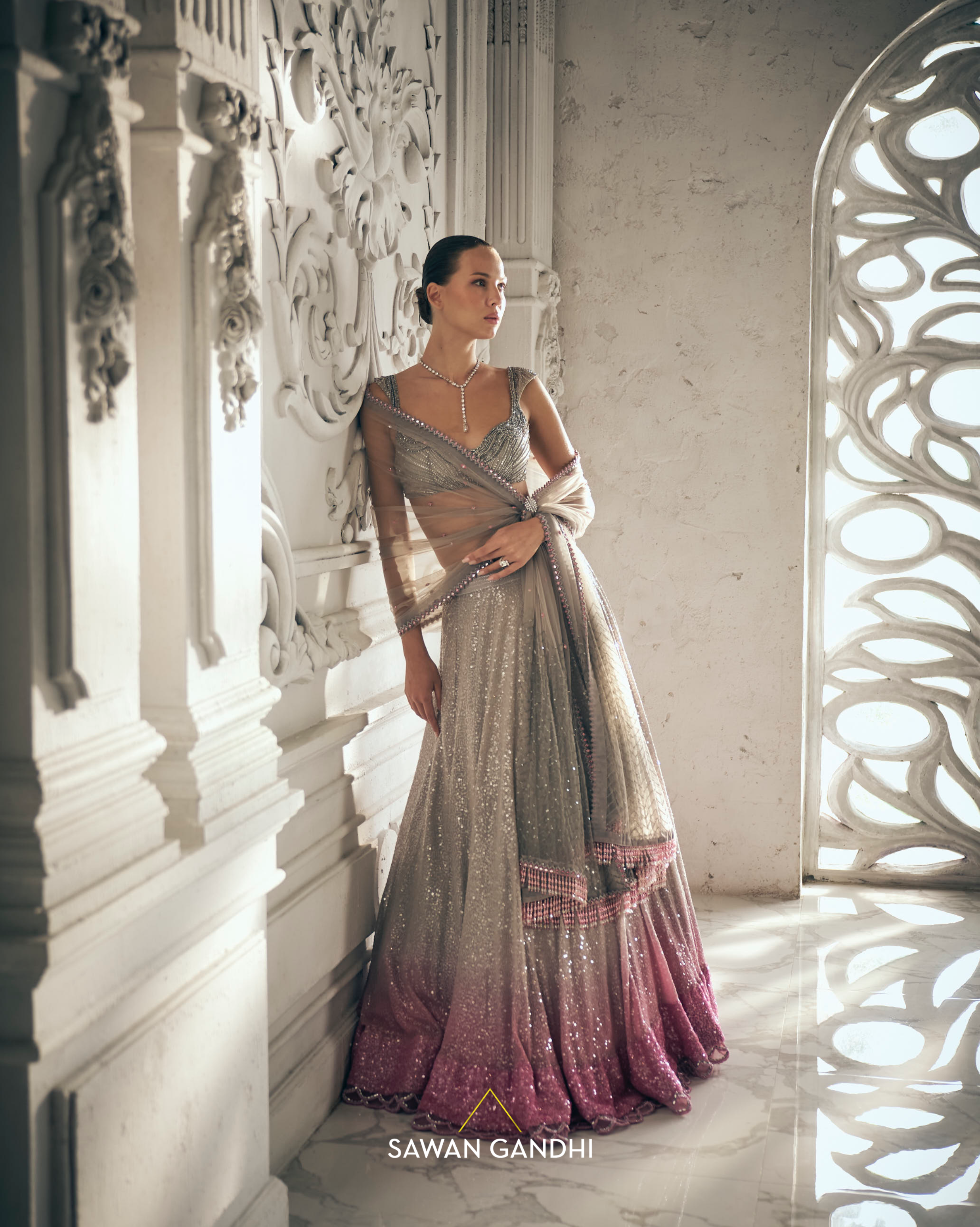 Grey to pink ombre sequins lehenga