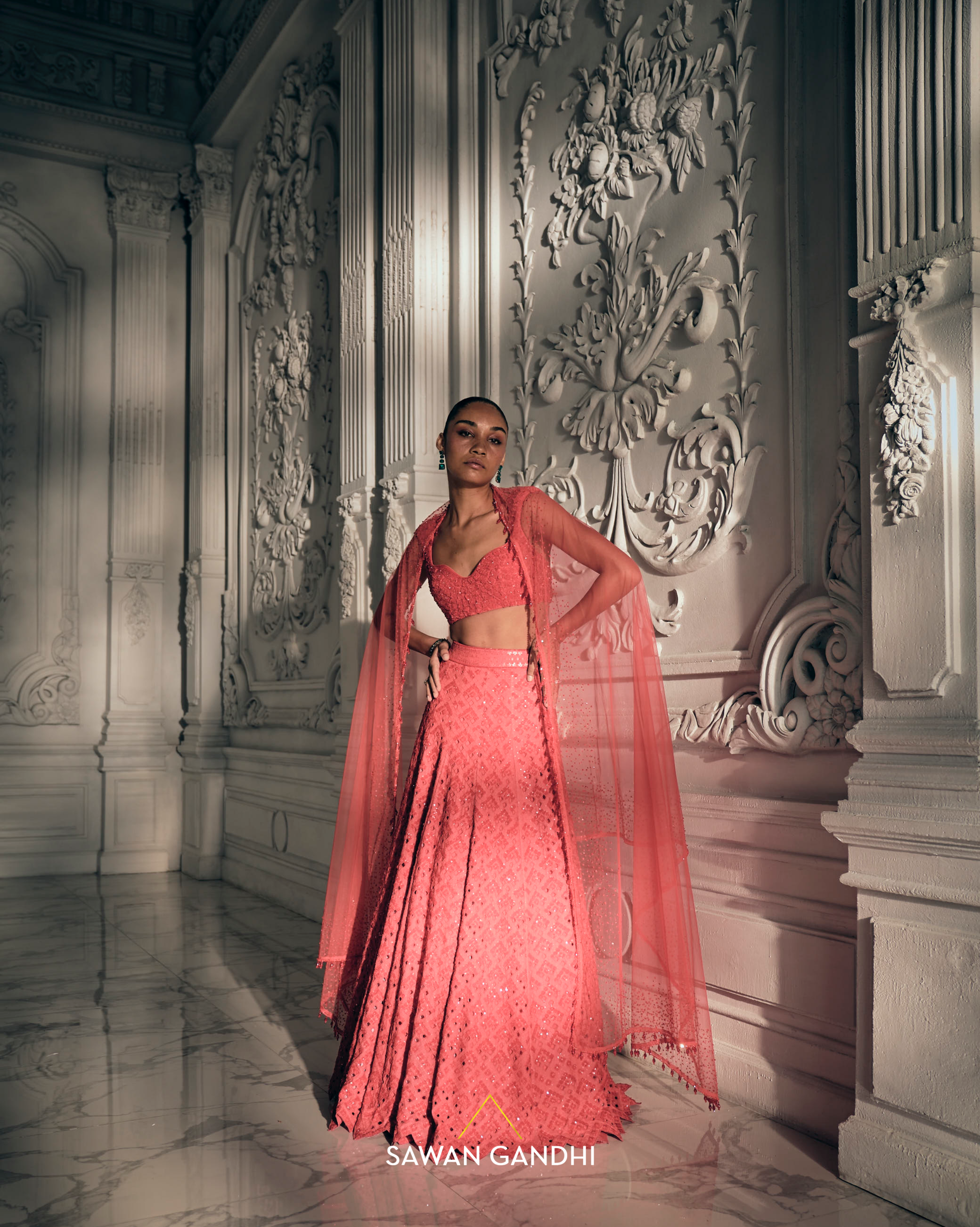 Red orange cutdana lehenga