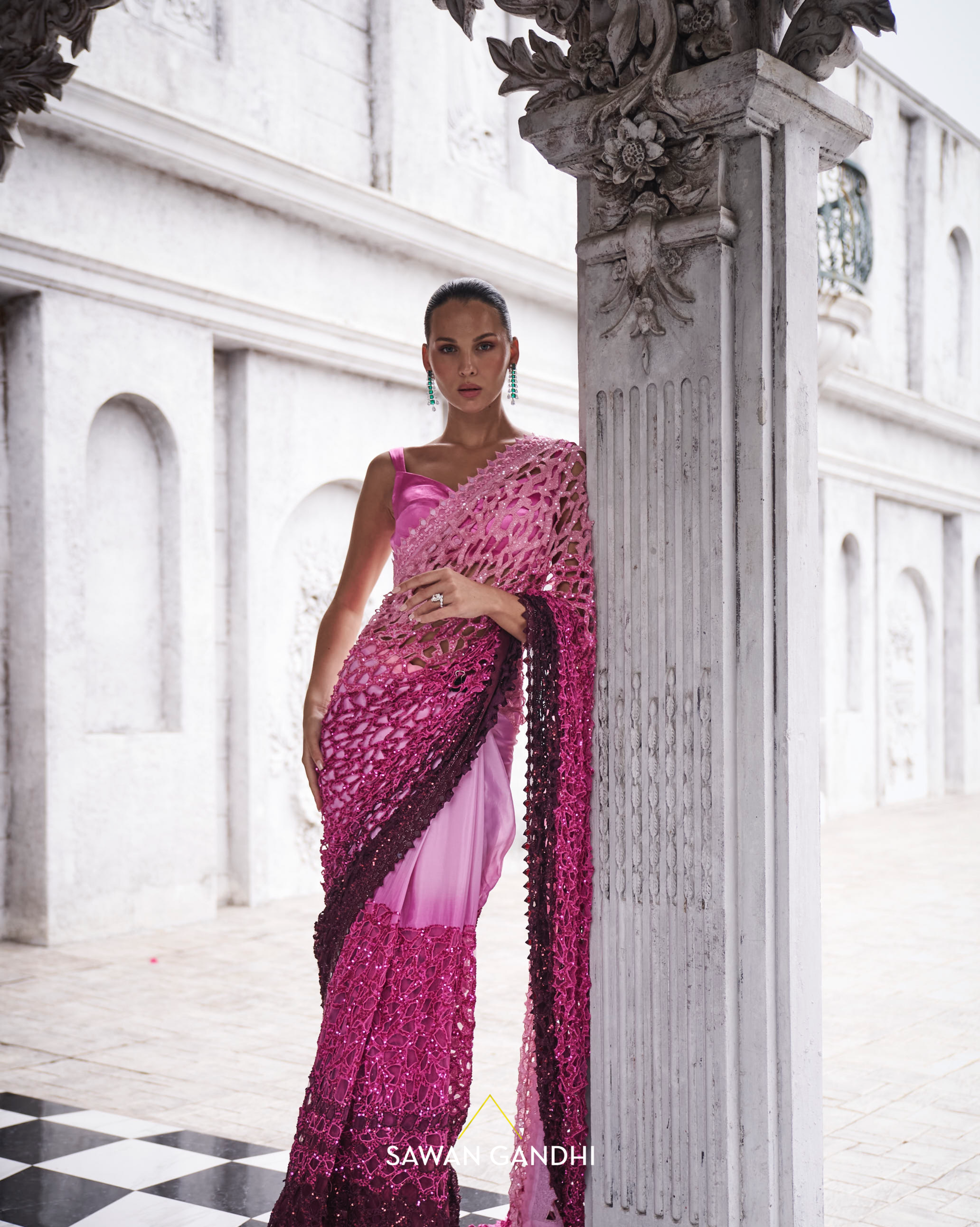 Pink to wine ombre saree