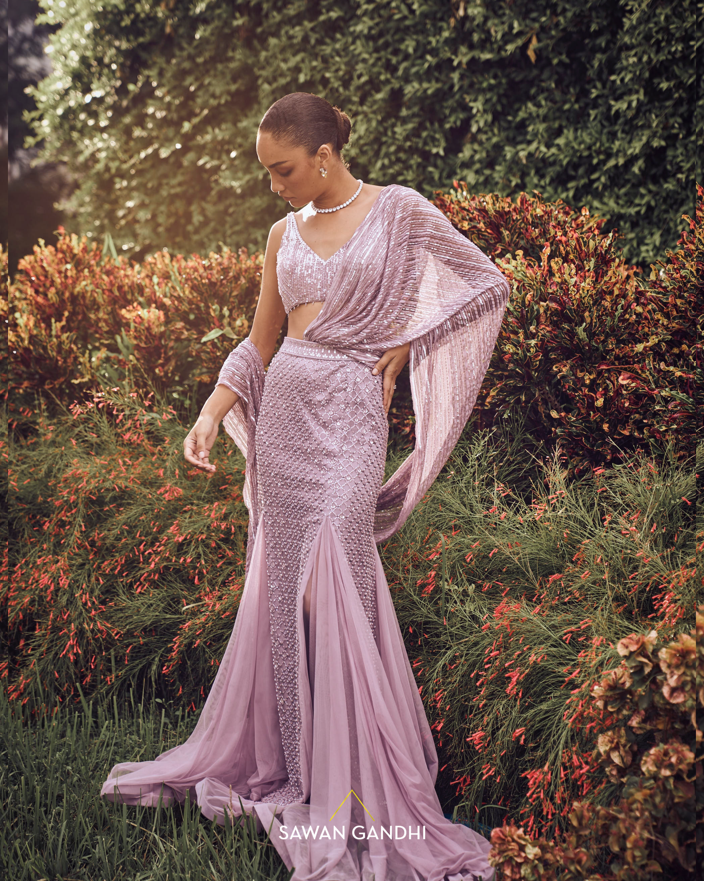 Lilac fishcut drape saree