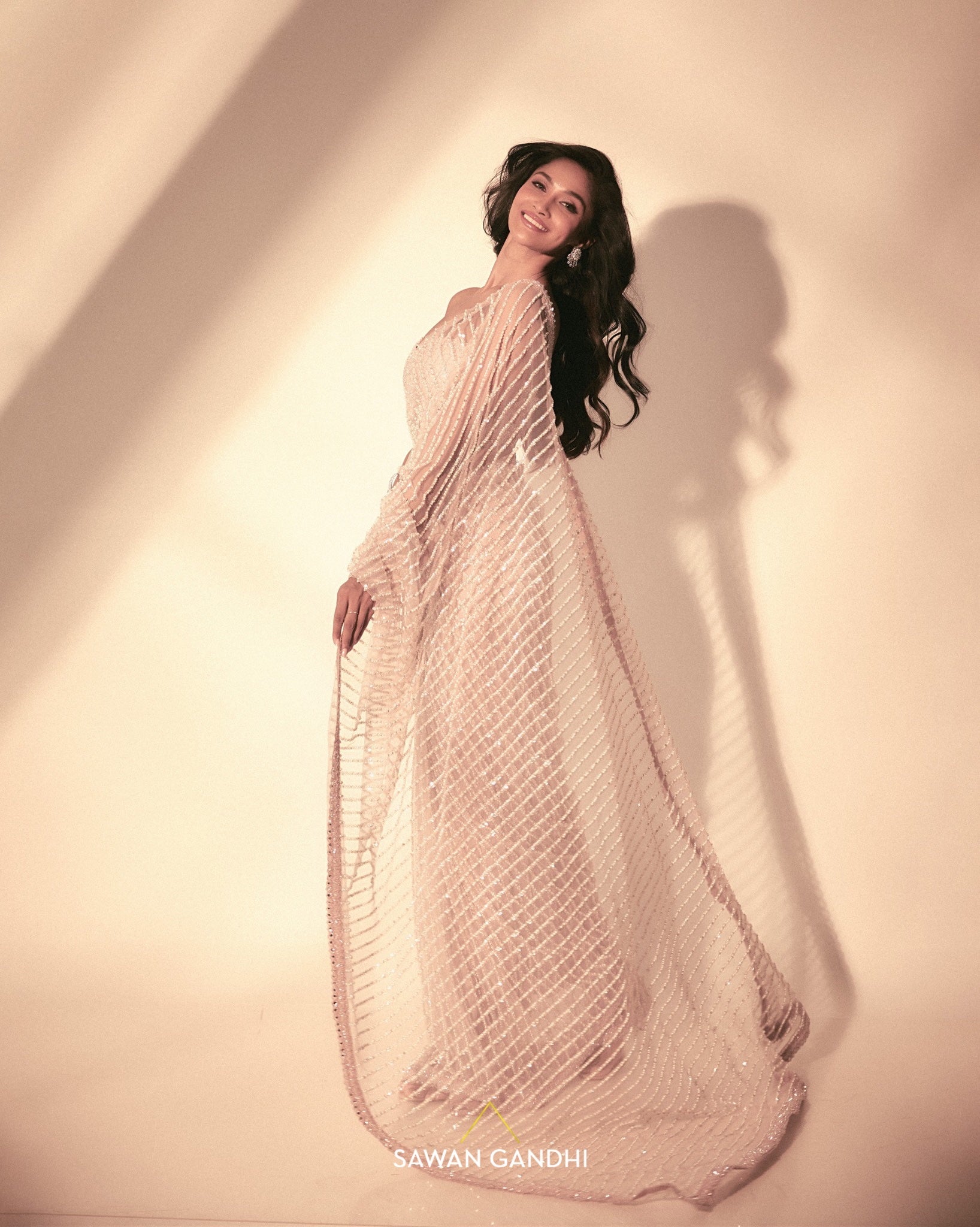 Sushrii Mishraa in Blush pink pearl detail saree