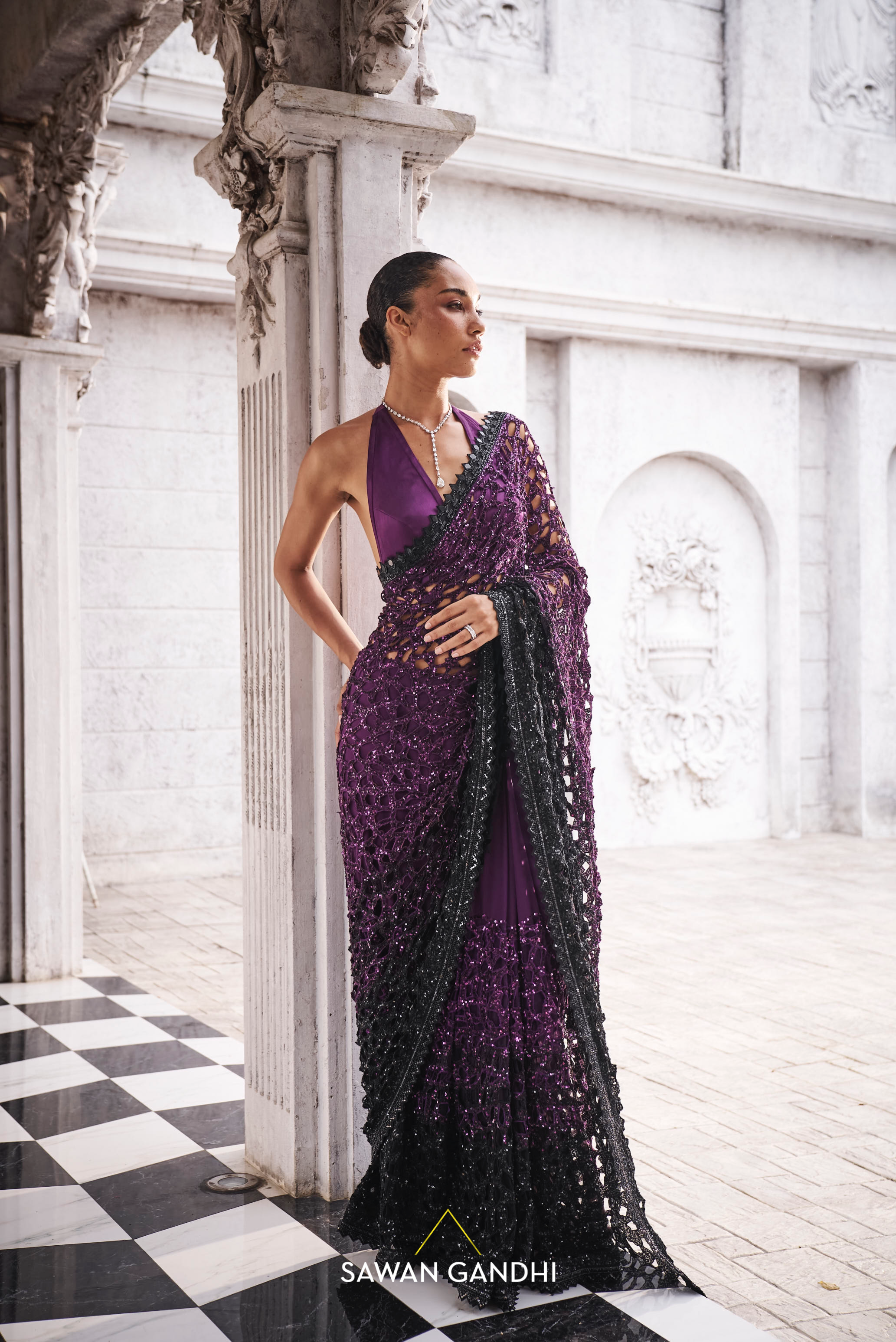 Wine to black ombre cutwork saree