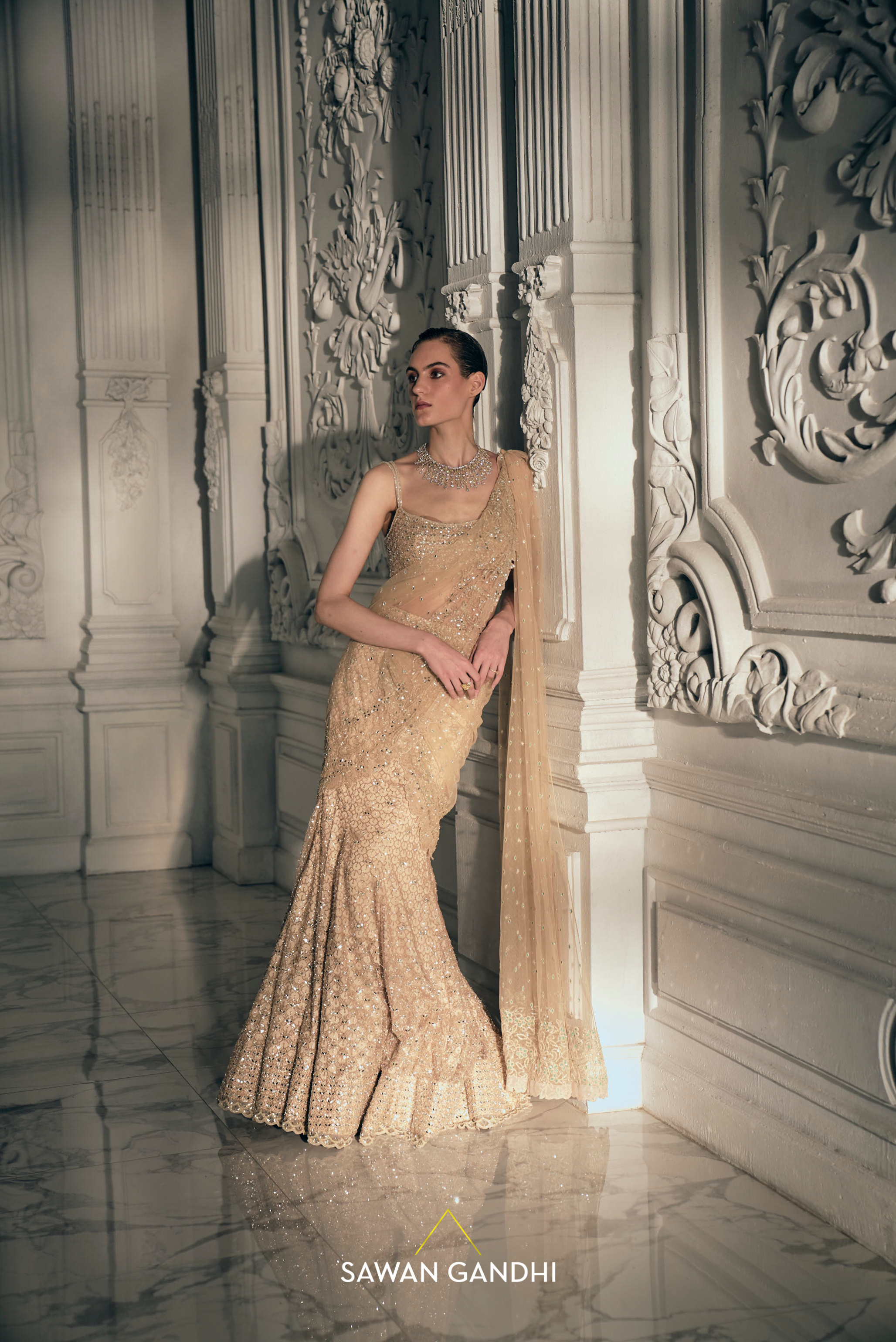Beige Gold fishcut drape saree