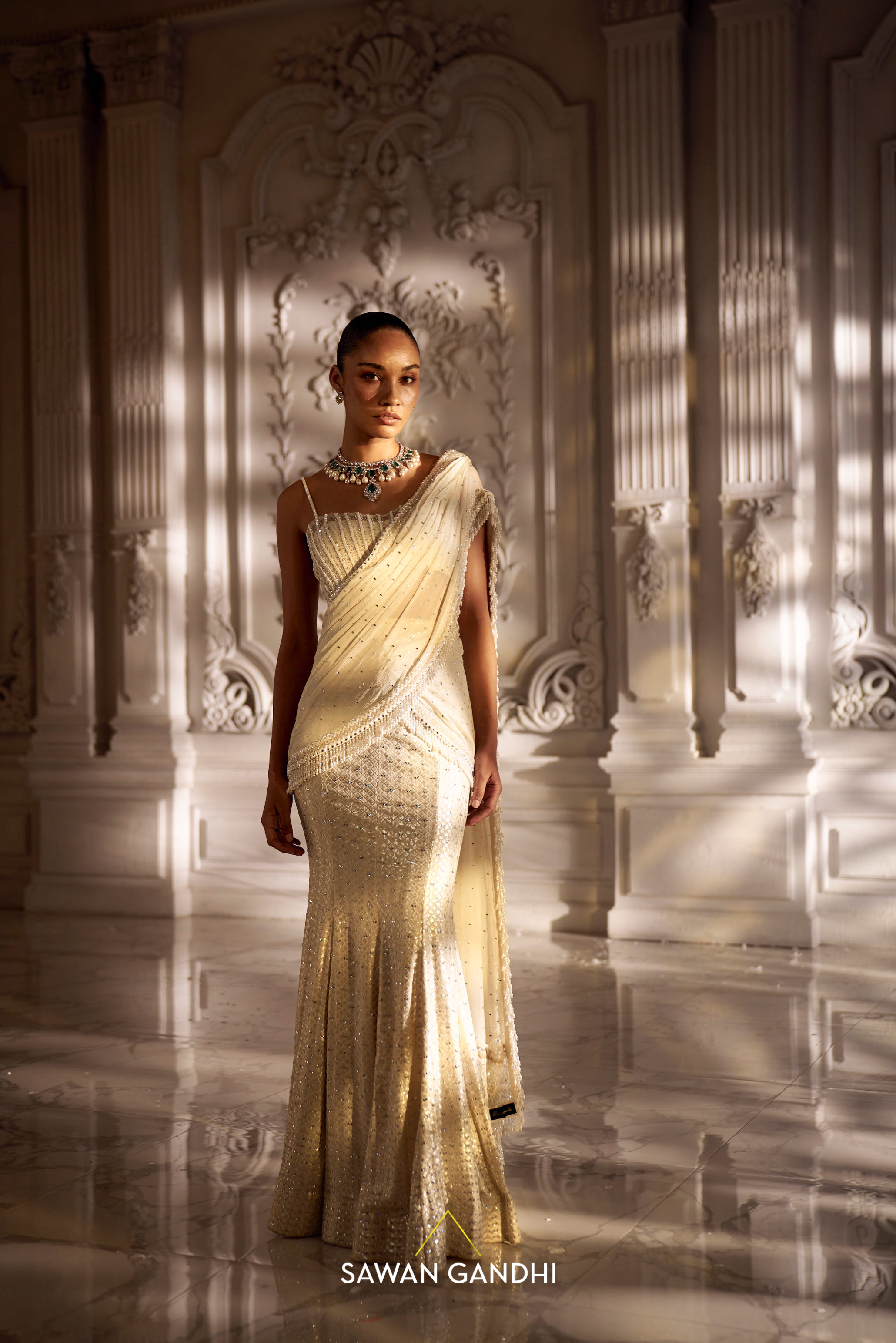 Ivory drape saree
