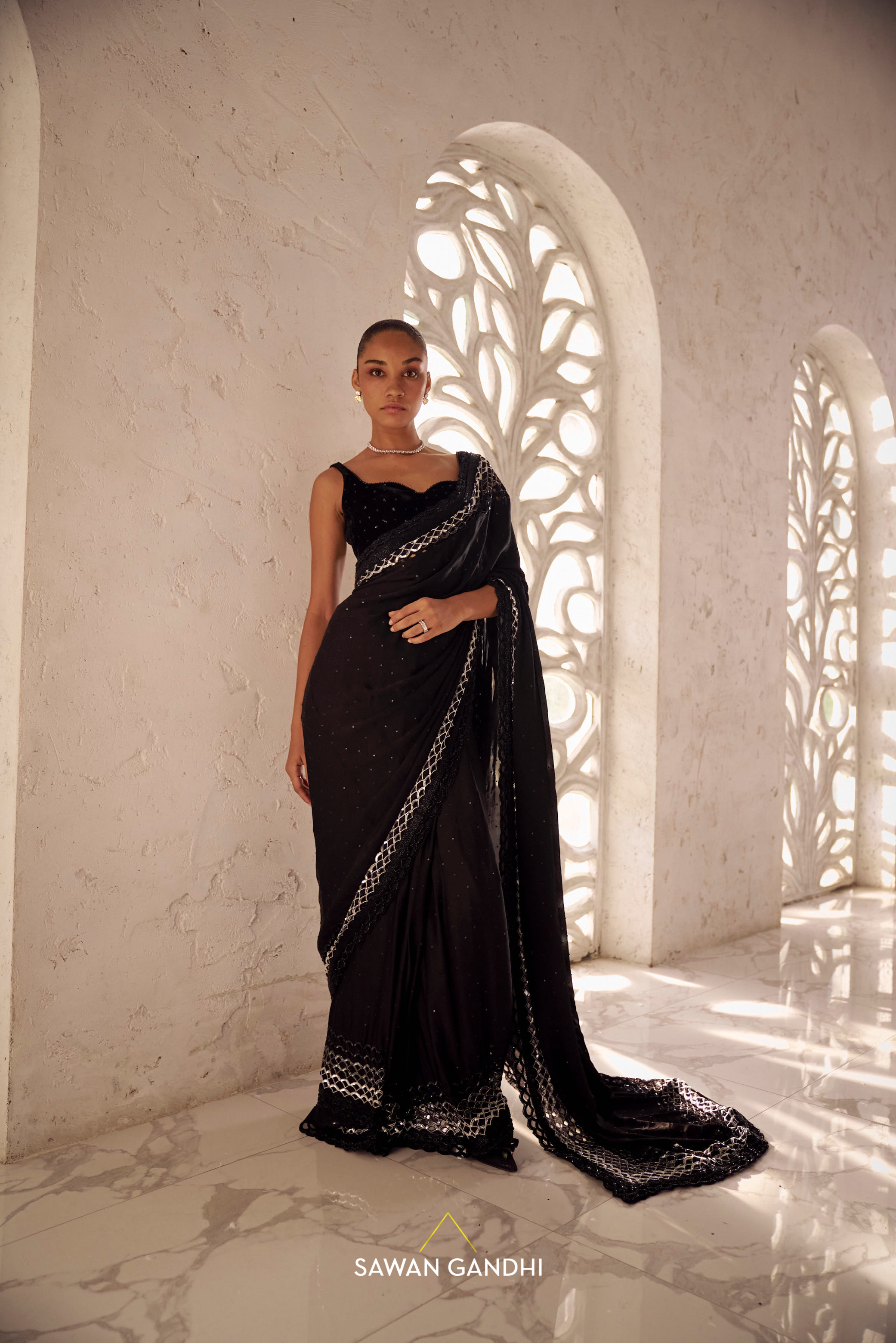 Satin black cutwork saree
