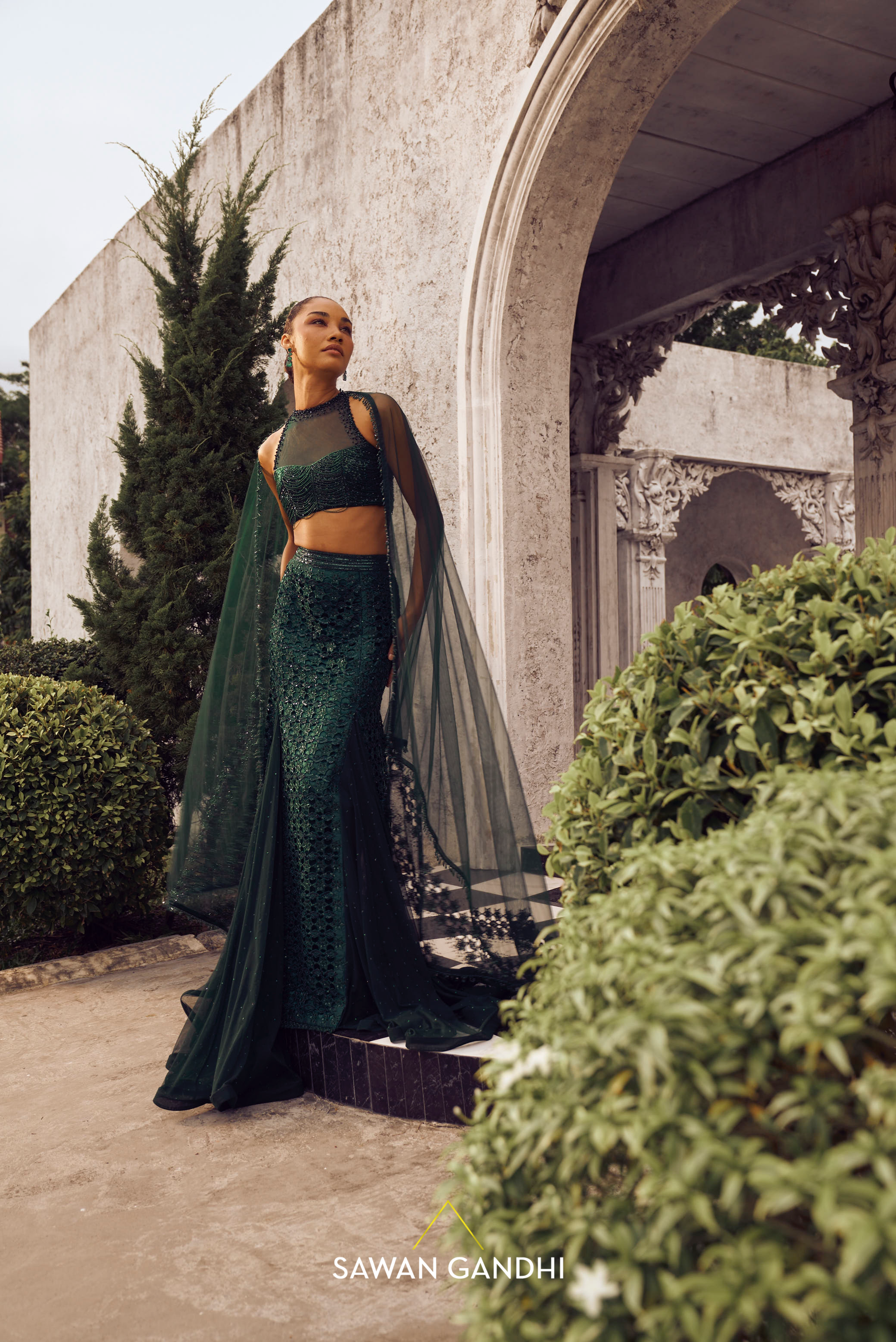 Bottle green Fishcut cutwork lehenga