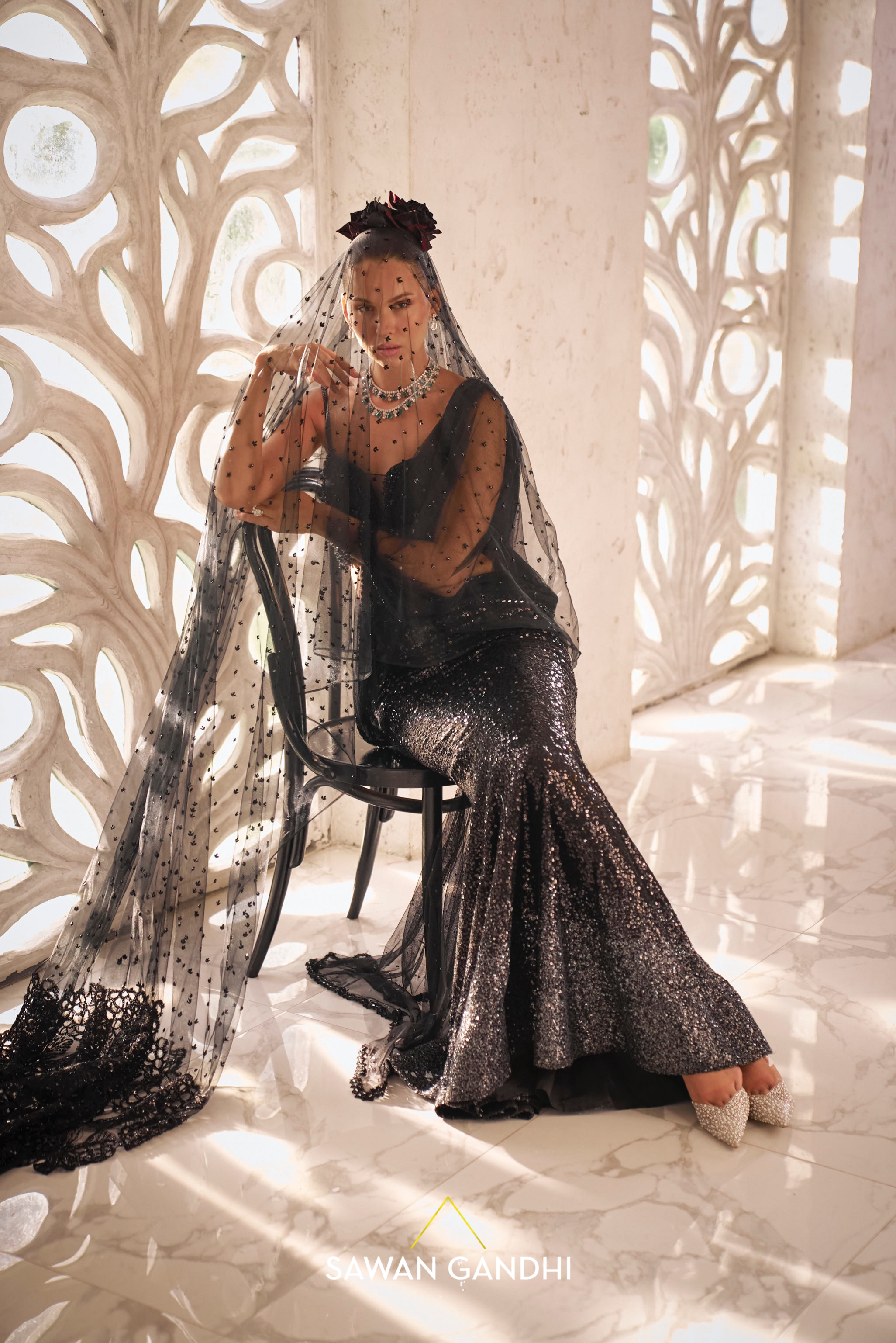 Blackto grey sequins drape saree