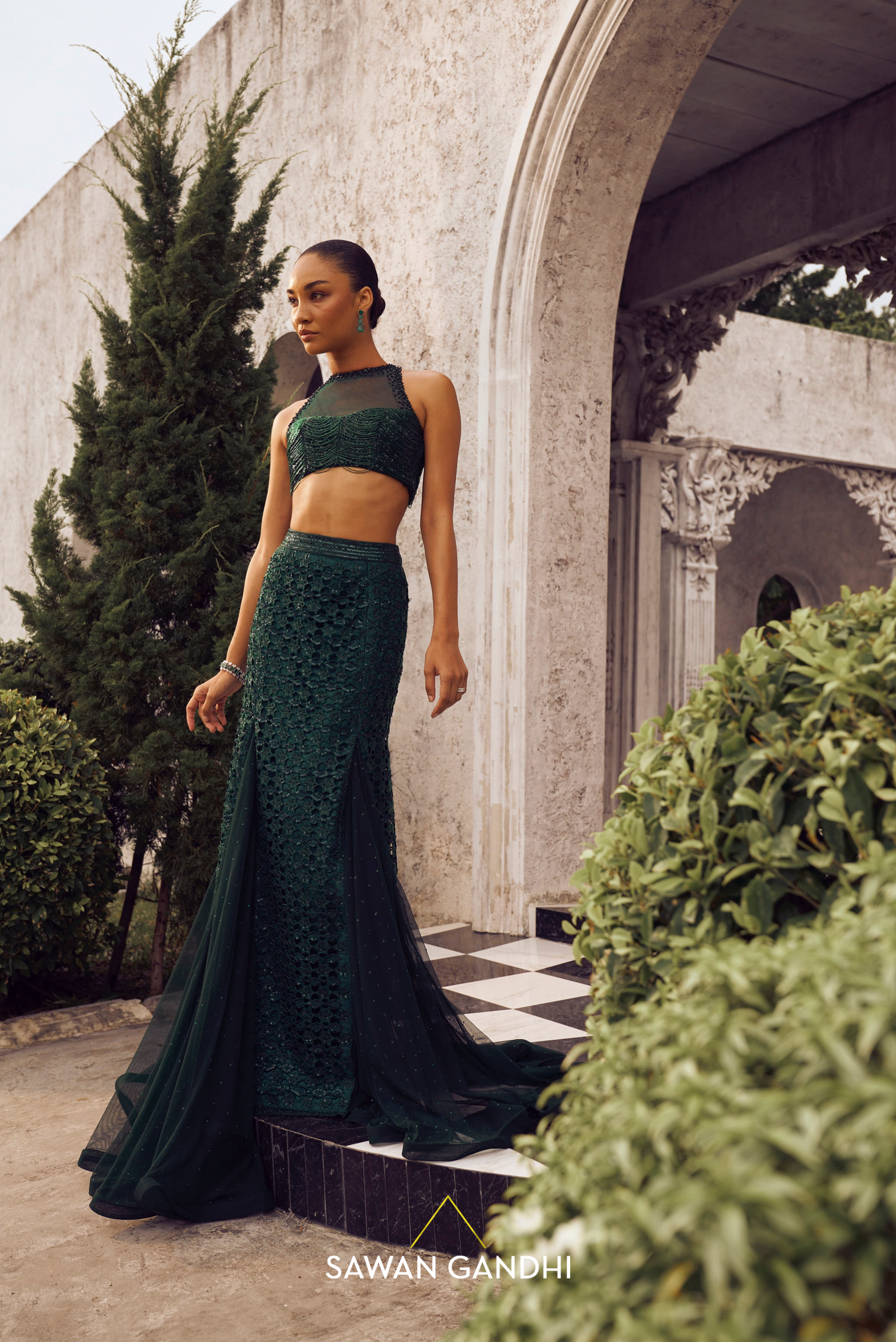 Bottle green Fishcut cutwork lehenga