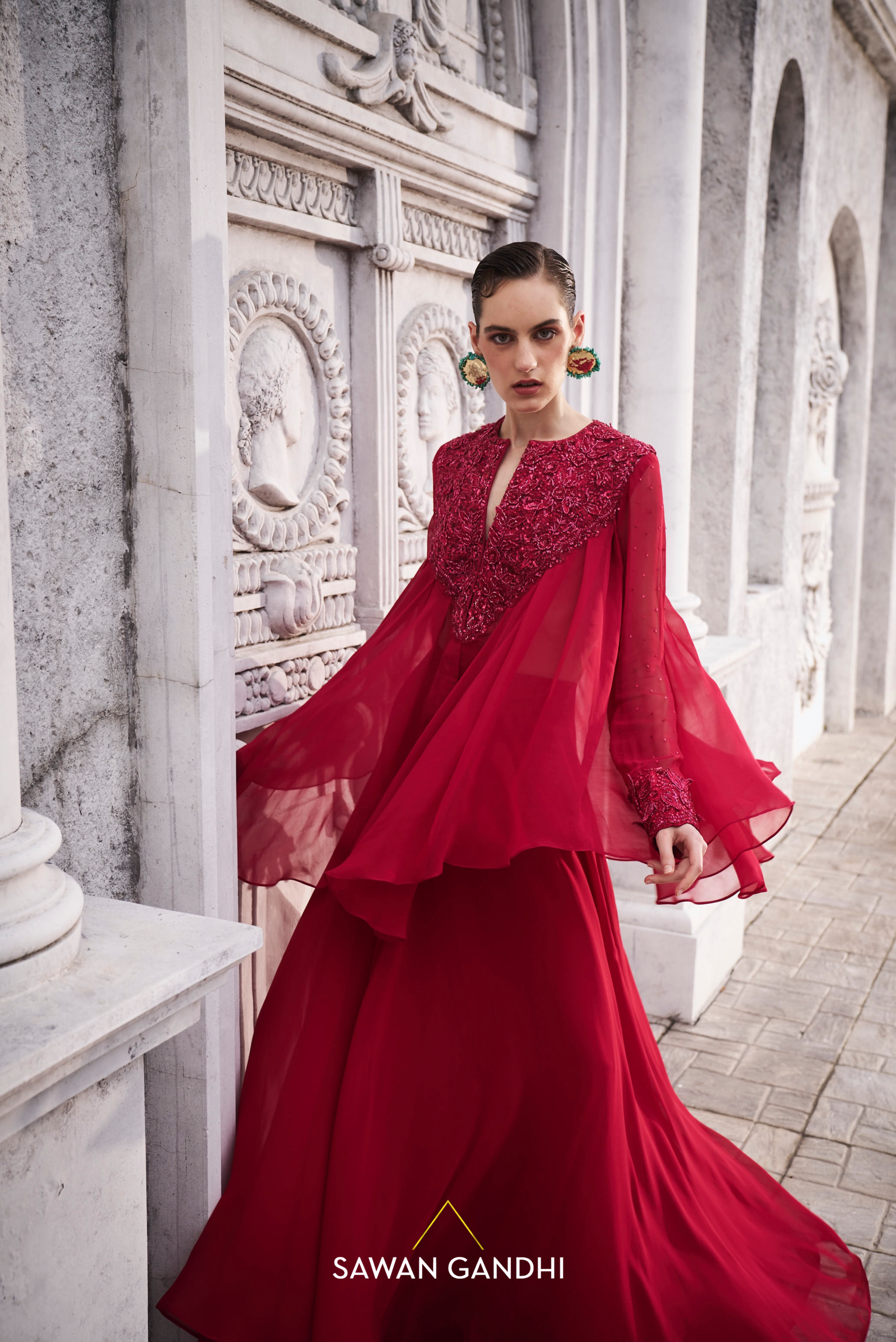 Red applique work co-ordset