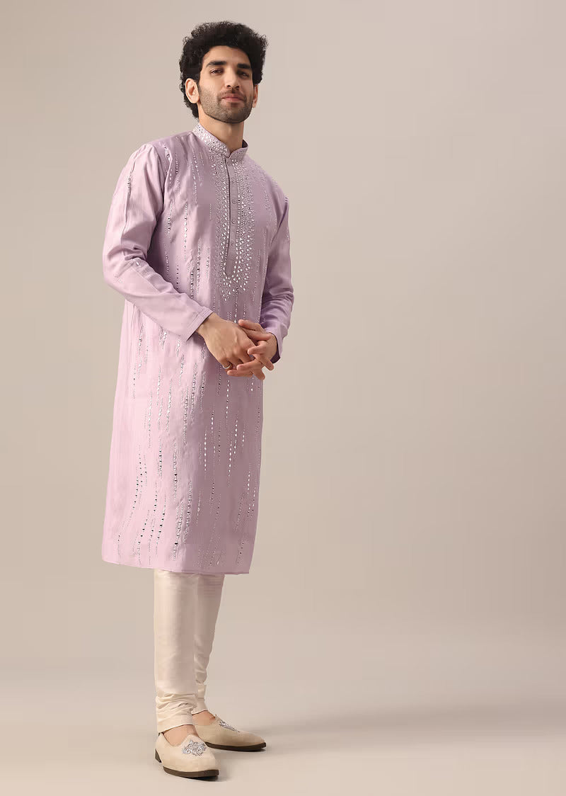 Purple Kurta With Churidar In Art Silk With Mirror Embellishments