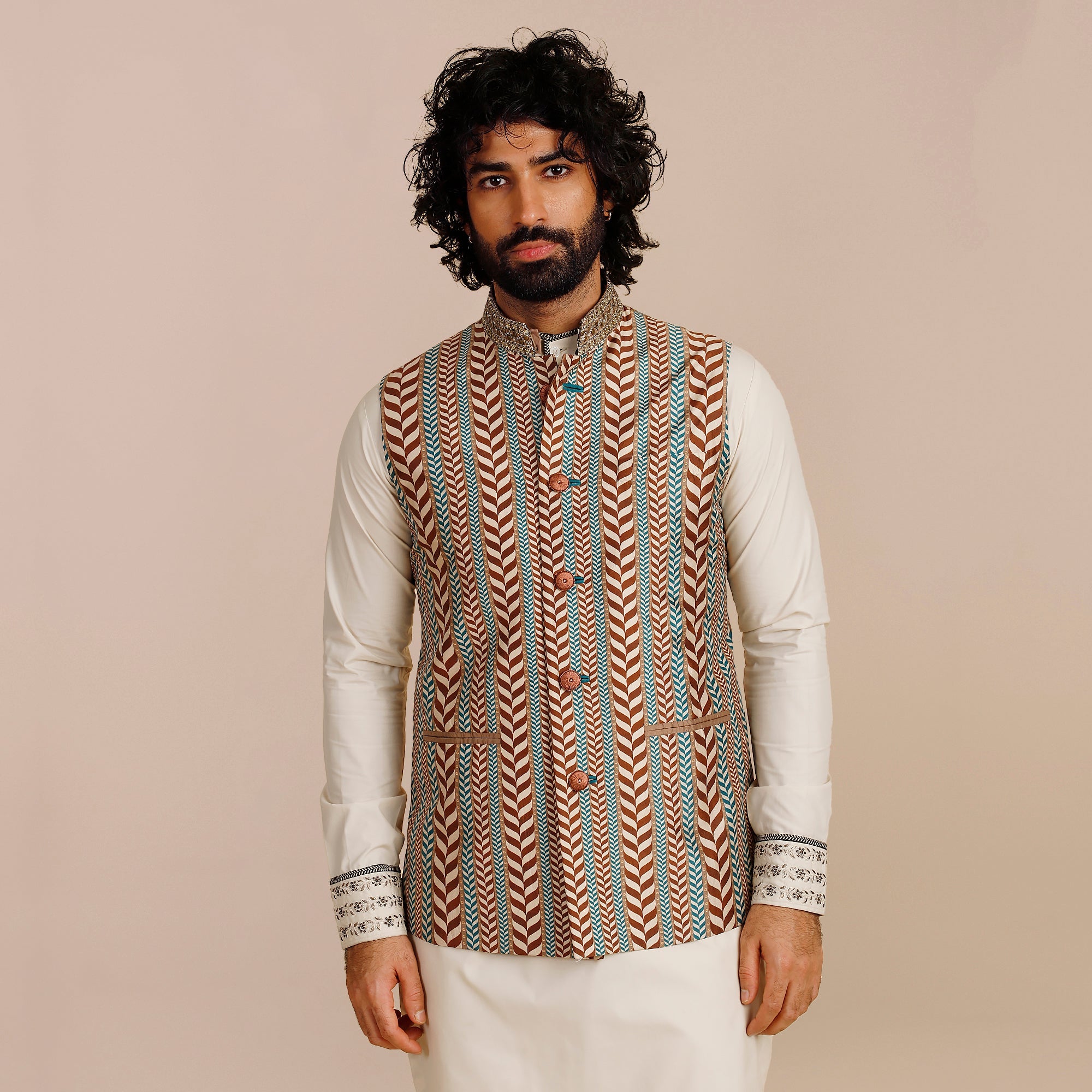 Rust Orange - Ivory Chevron Nehru Jacket | SATT