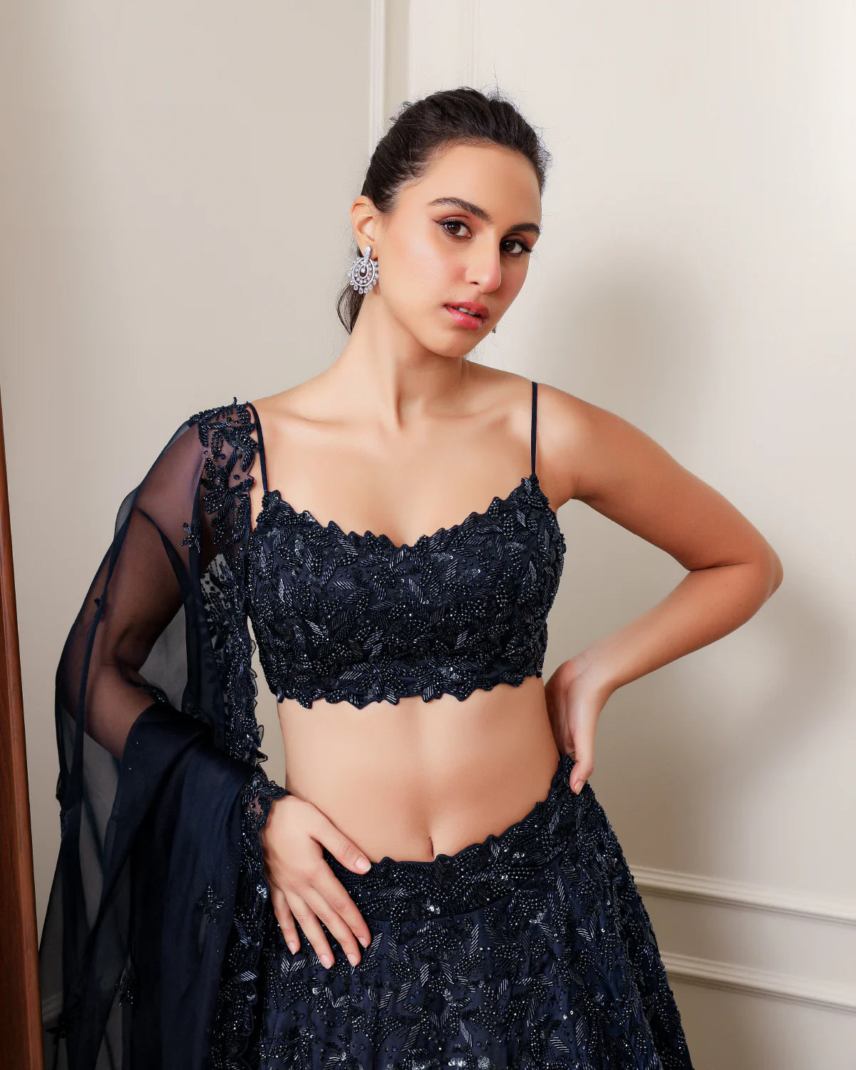 Midnight Blue Leafy Lehenga