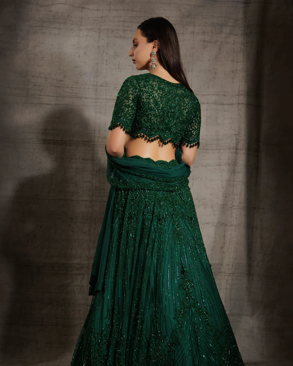 Emerald Green Self Embroidered Lehenga