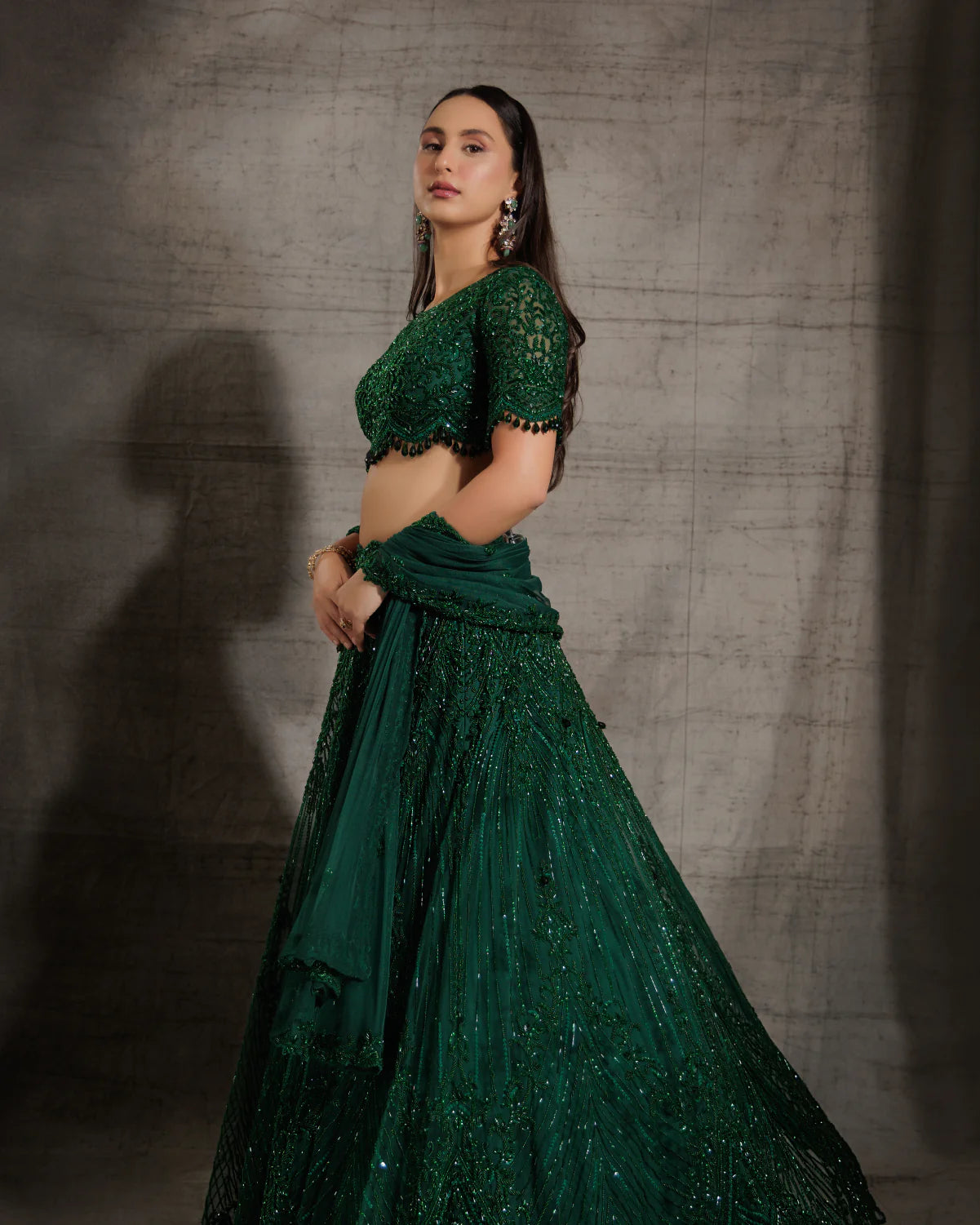 Emerald Green Self Embroidered Lehenga