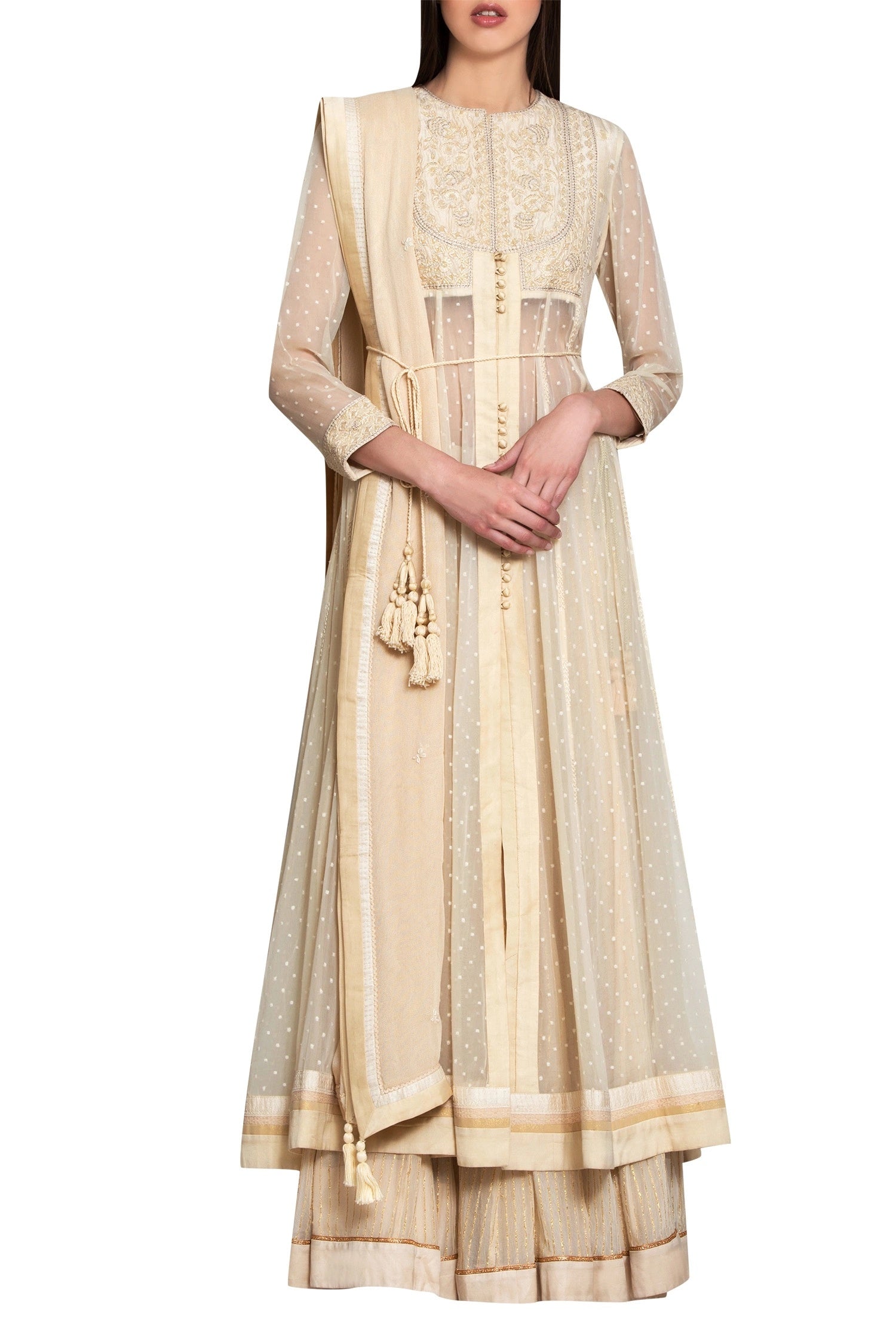 Beige silk, georgette and viscose thread work kurta with lehenga and dupatta