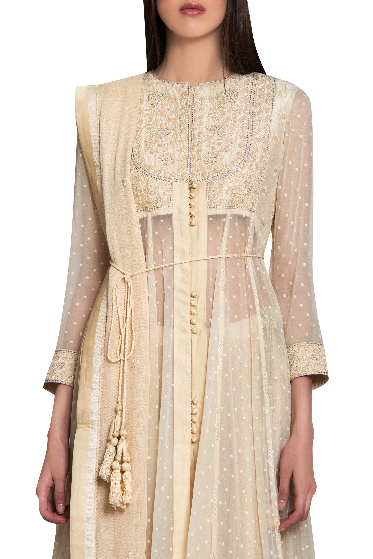 Beige silk, georgette and viscose thread work kurta with lehenga and dupatta