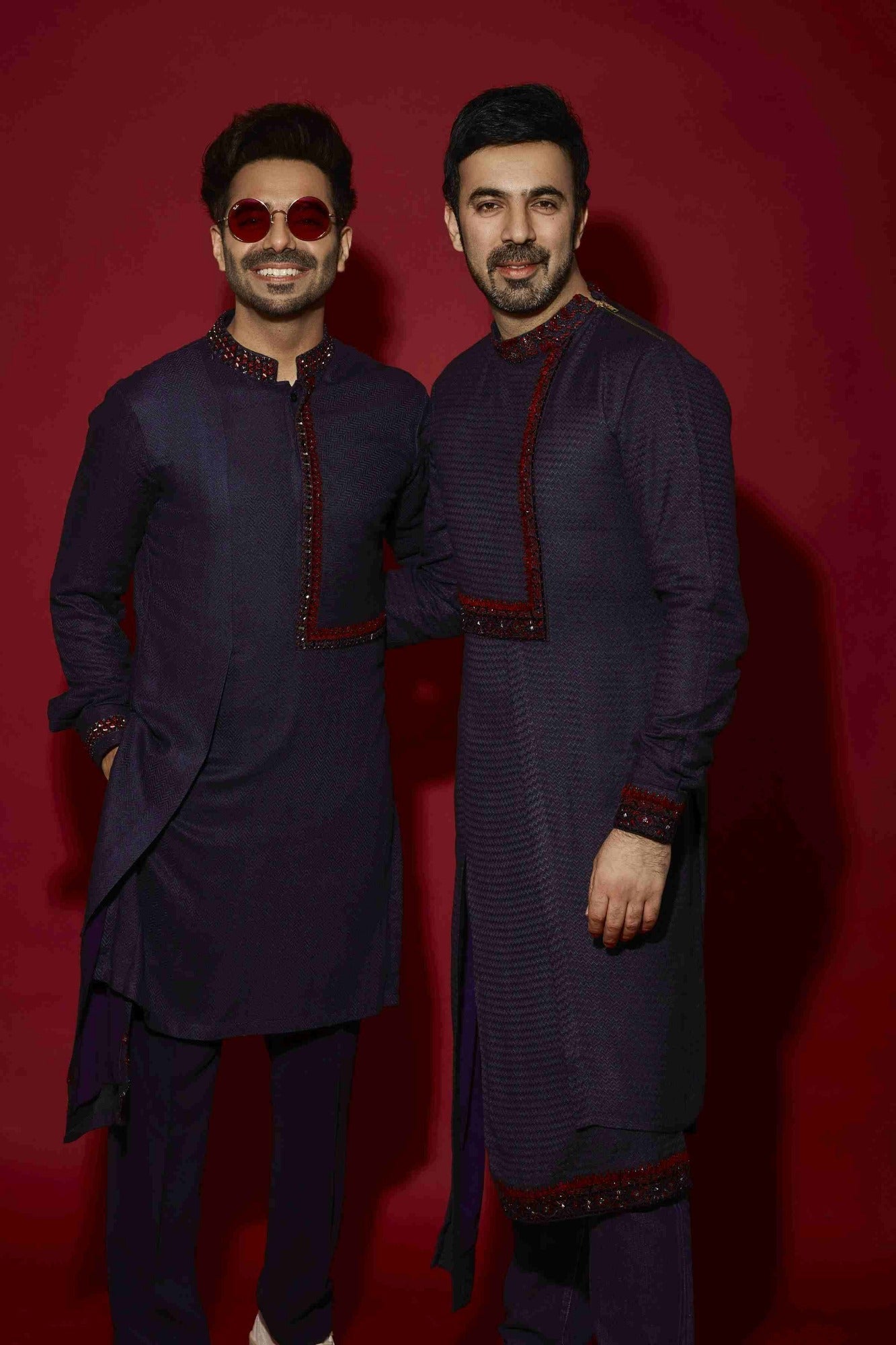 Navy Panel & Red Thread Work Kurta Set
