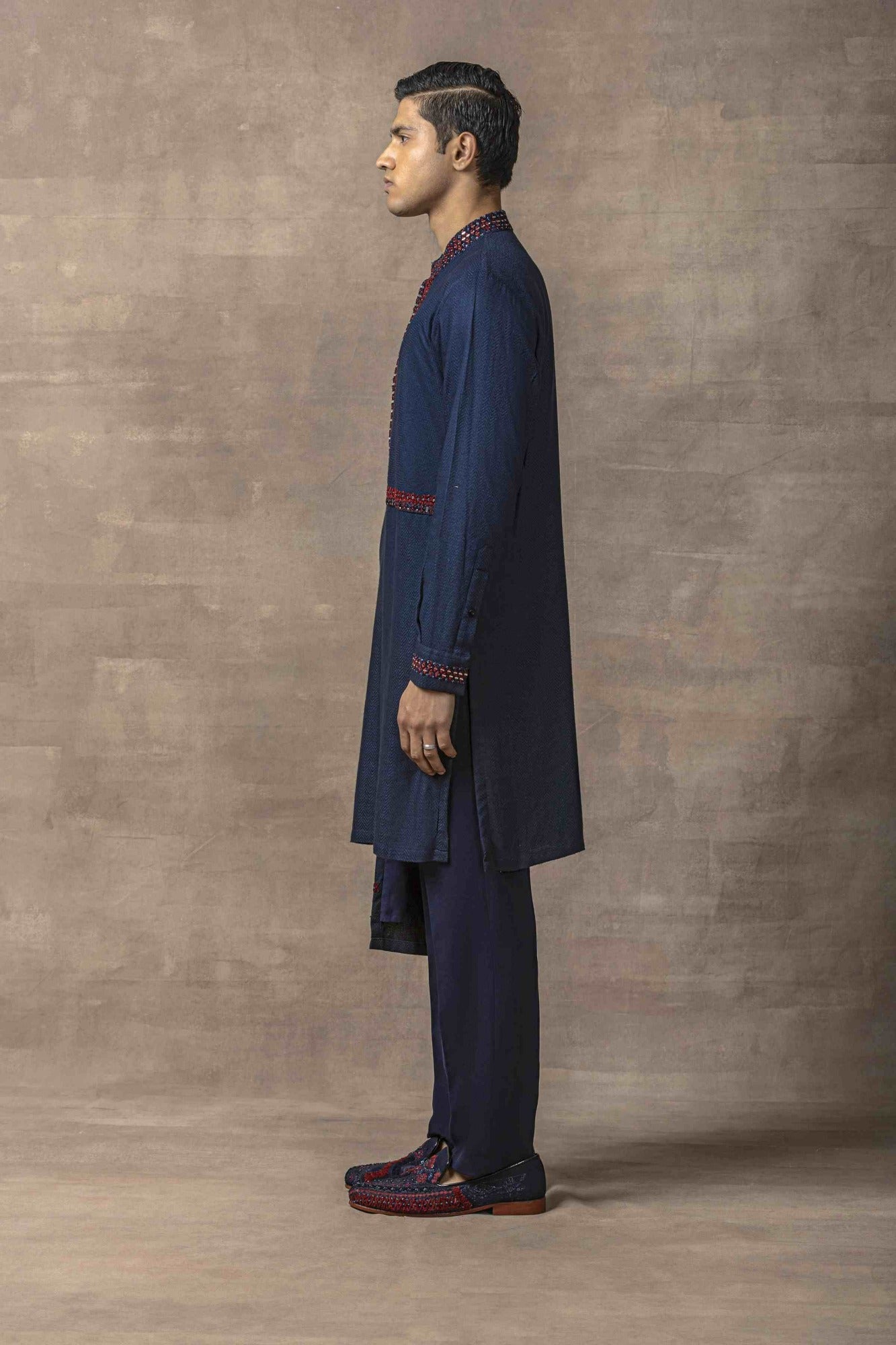 Navy Panel & Red Thread Work Kurta Set