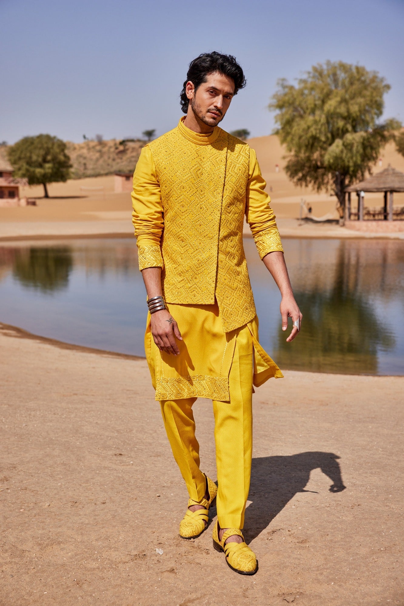 Yellow Slant Cut Waistcoat Set