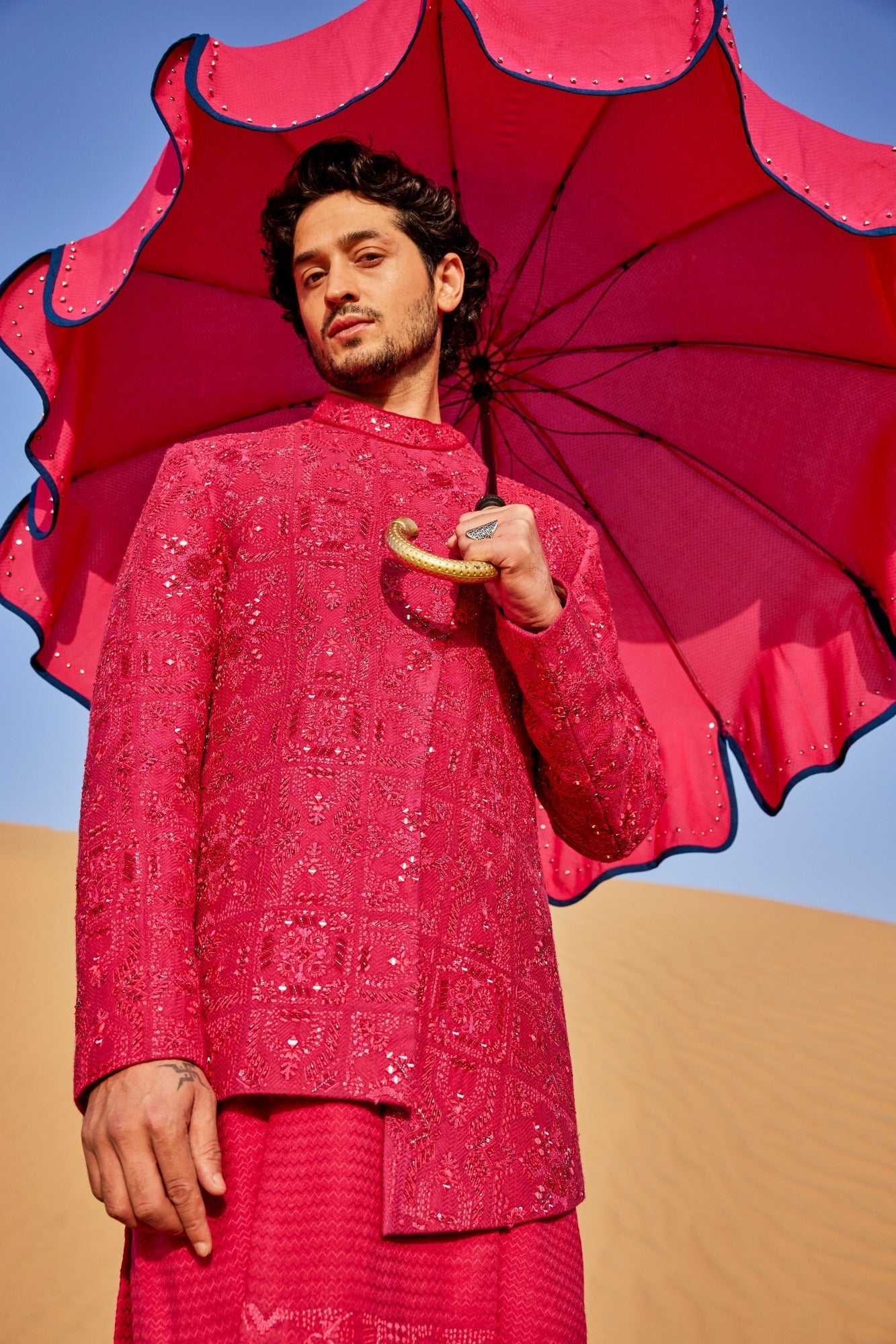 Hot Pink Slant Cut Style Bandhgala Set