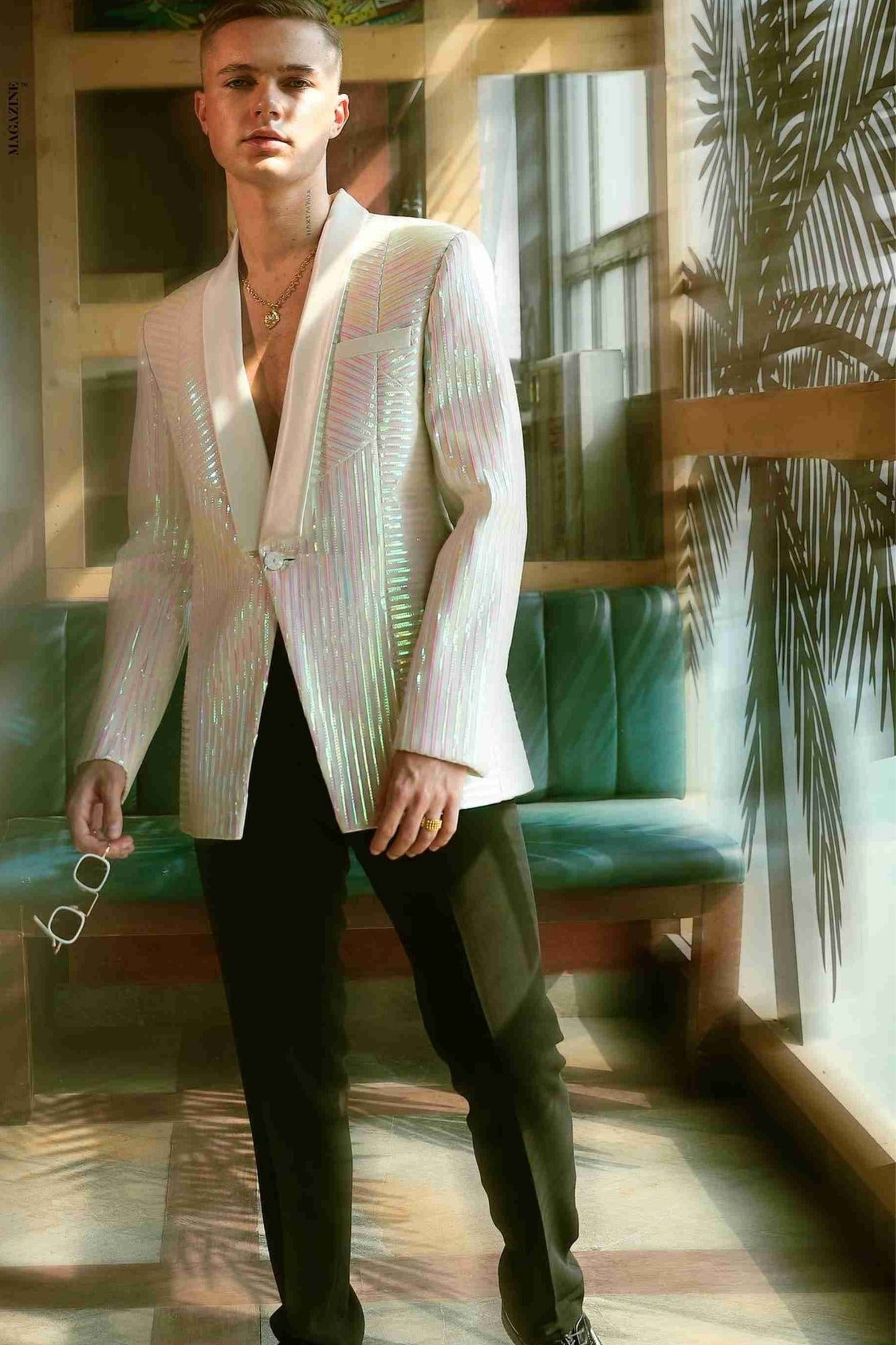 Off White Tuxedo With Rainbow Reel Detailing