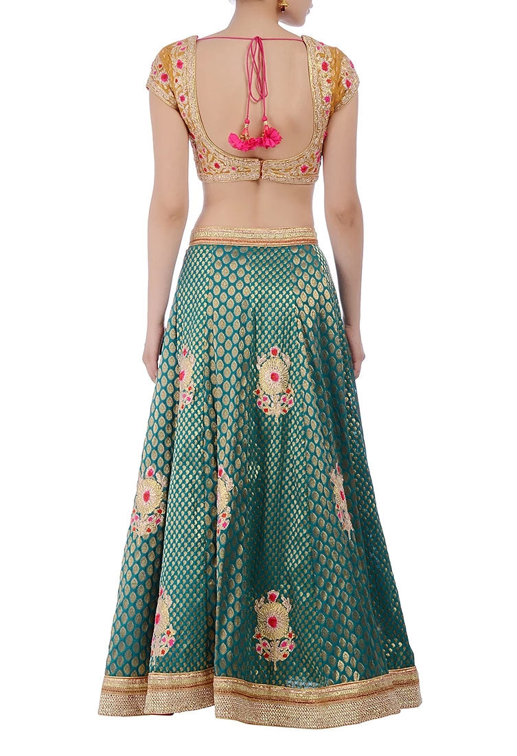 Mustard, green & peachy pink embroidered lehenga set