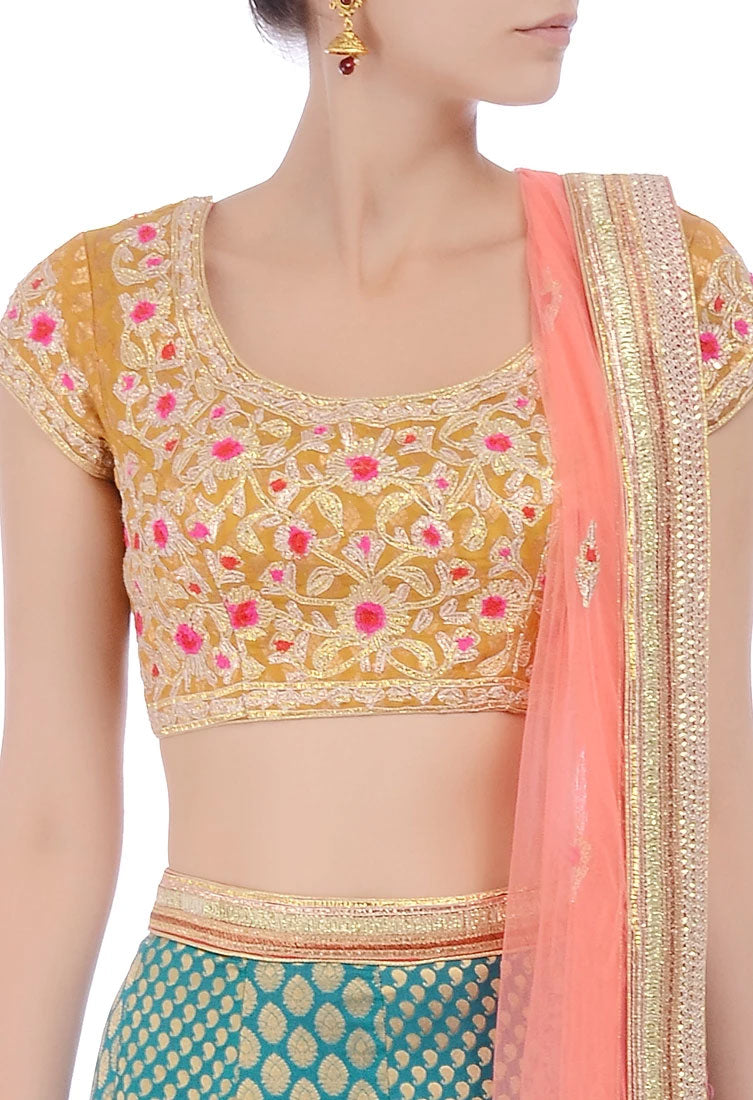 Mustard, green & peachy pink embroidered lehenga set